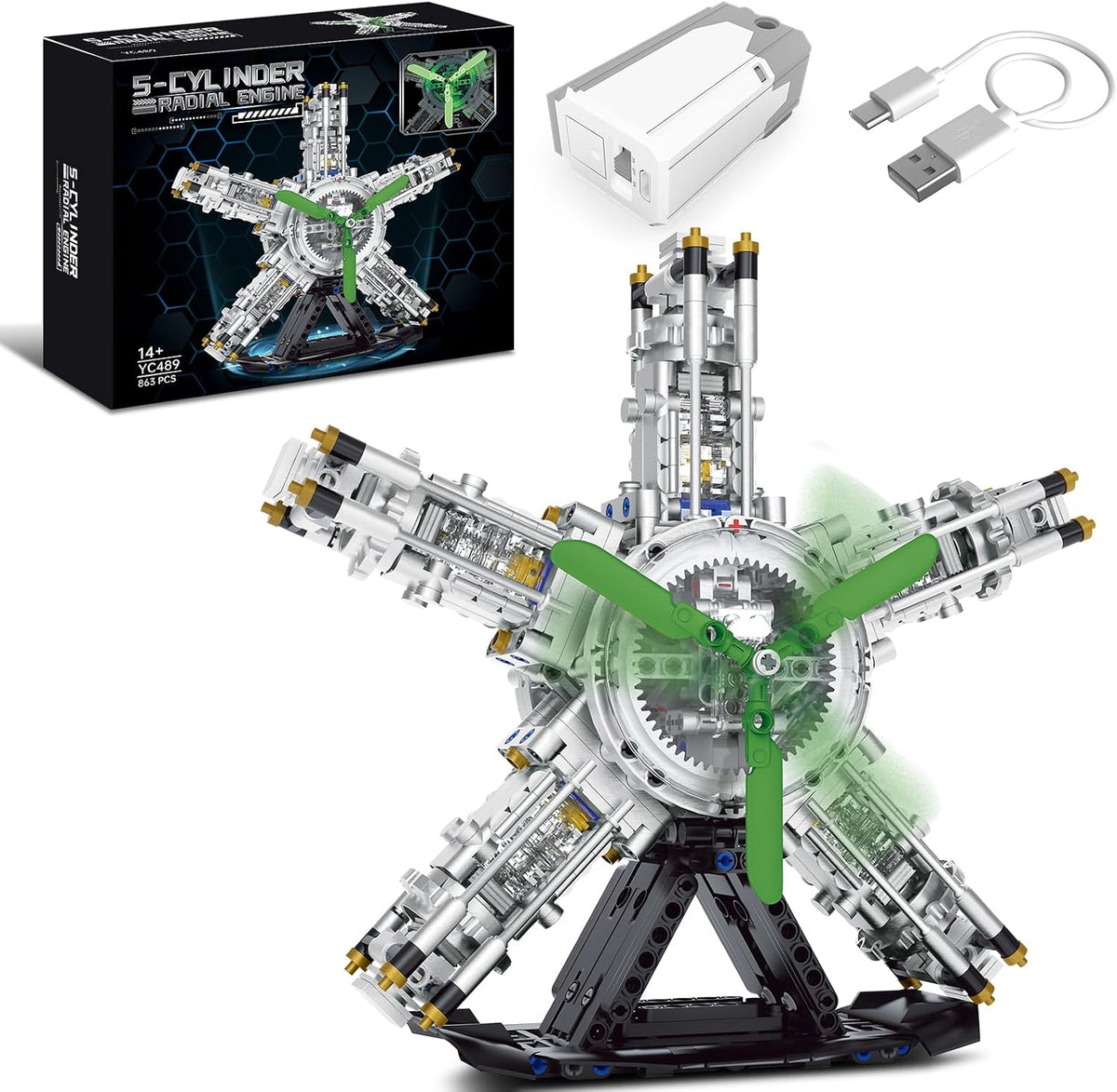 BseSparklion Juego de construcción de motor radial de 5 cilindros,...