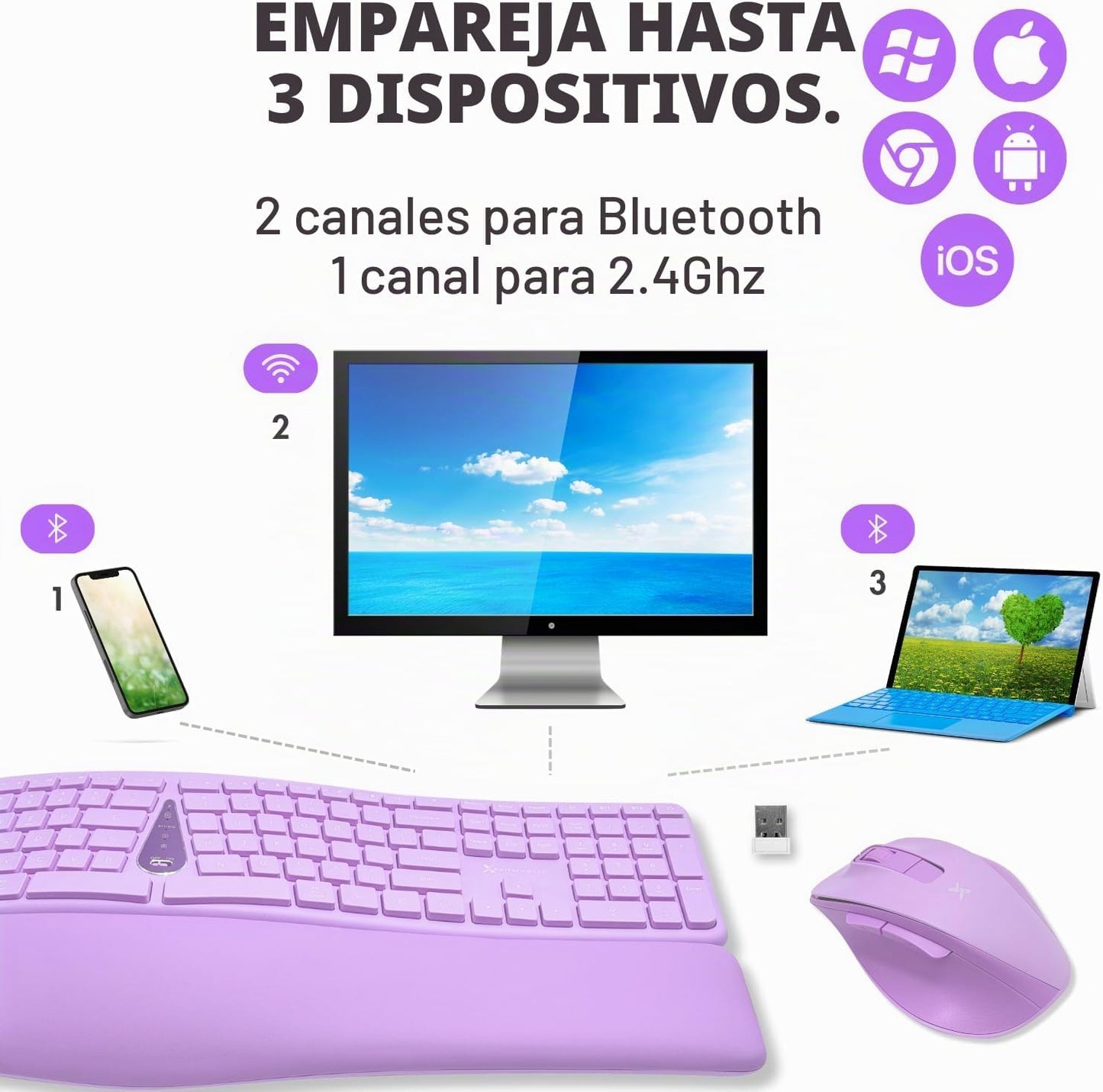 X9 Combo inalámbrico de teclado y ratón ergonómico púrpura - Escrib...