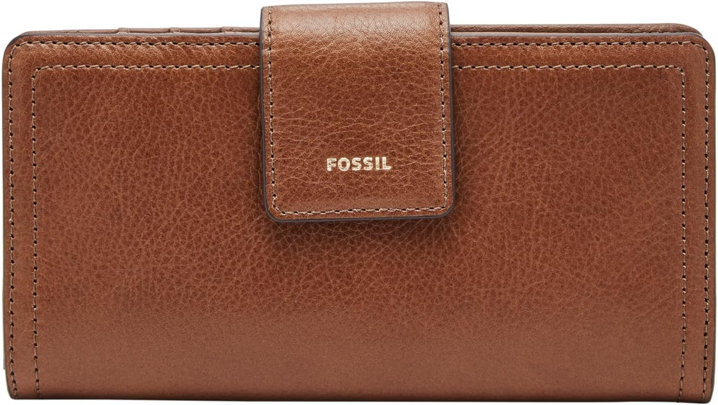 Fossil Cartera de cuero Logan para mujer con pestaña de bloqueo RFID