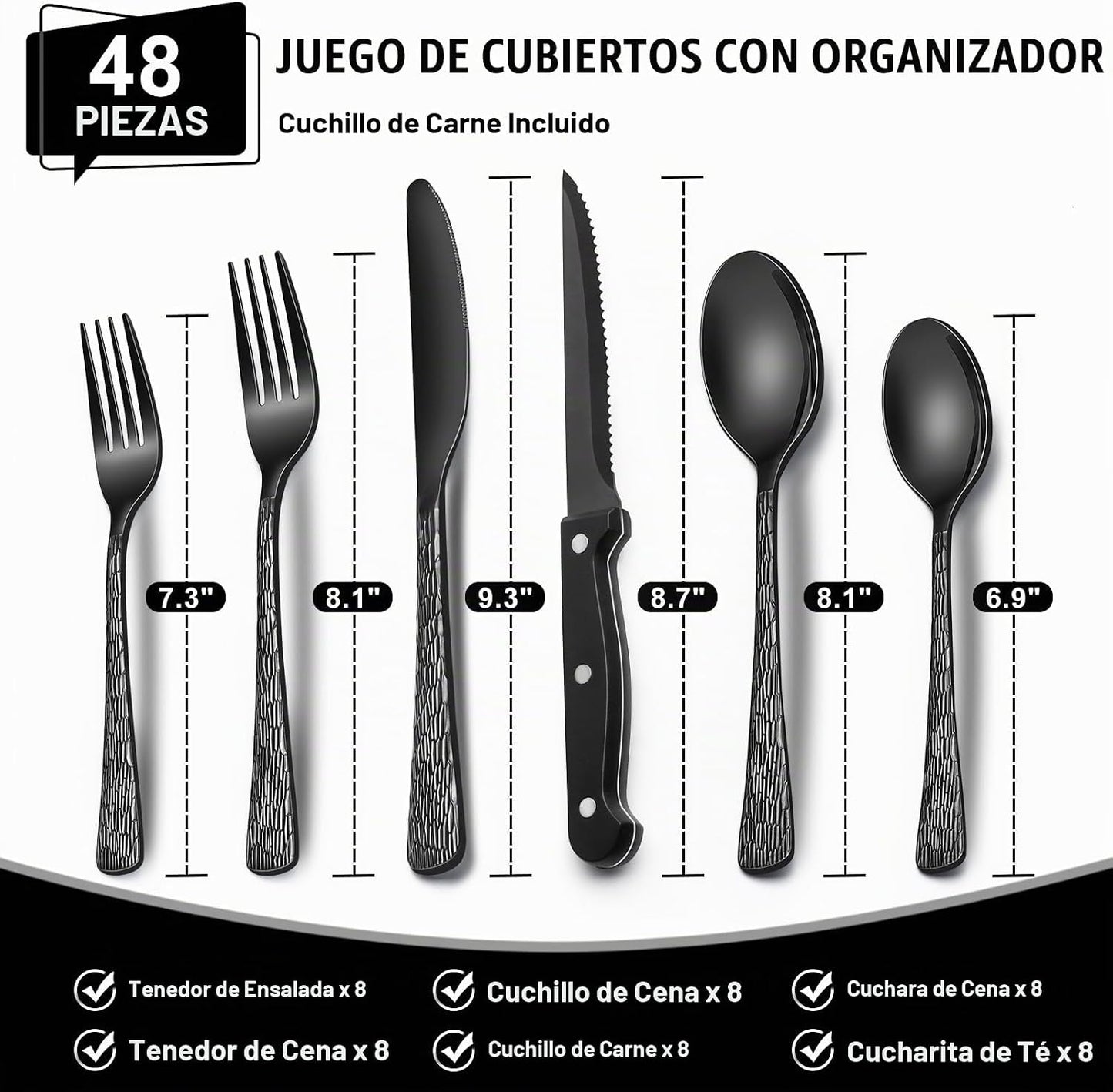 Juego de cubiertos negros de 49 piezas con organizador, juego de cu...
