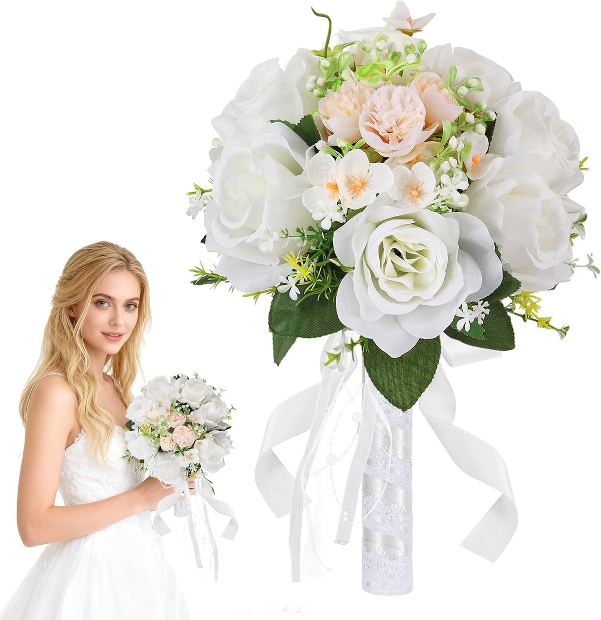 Qeedy - Ramos de boda para novia, rosas artificiales de seda de 8 p...