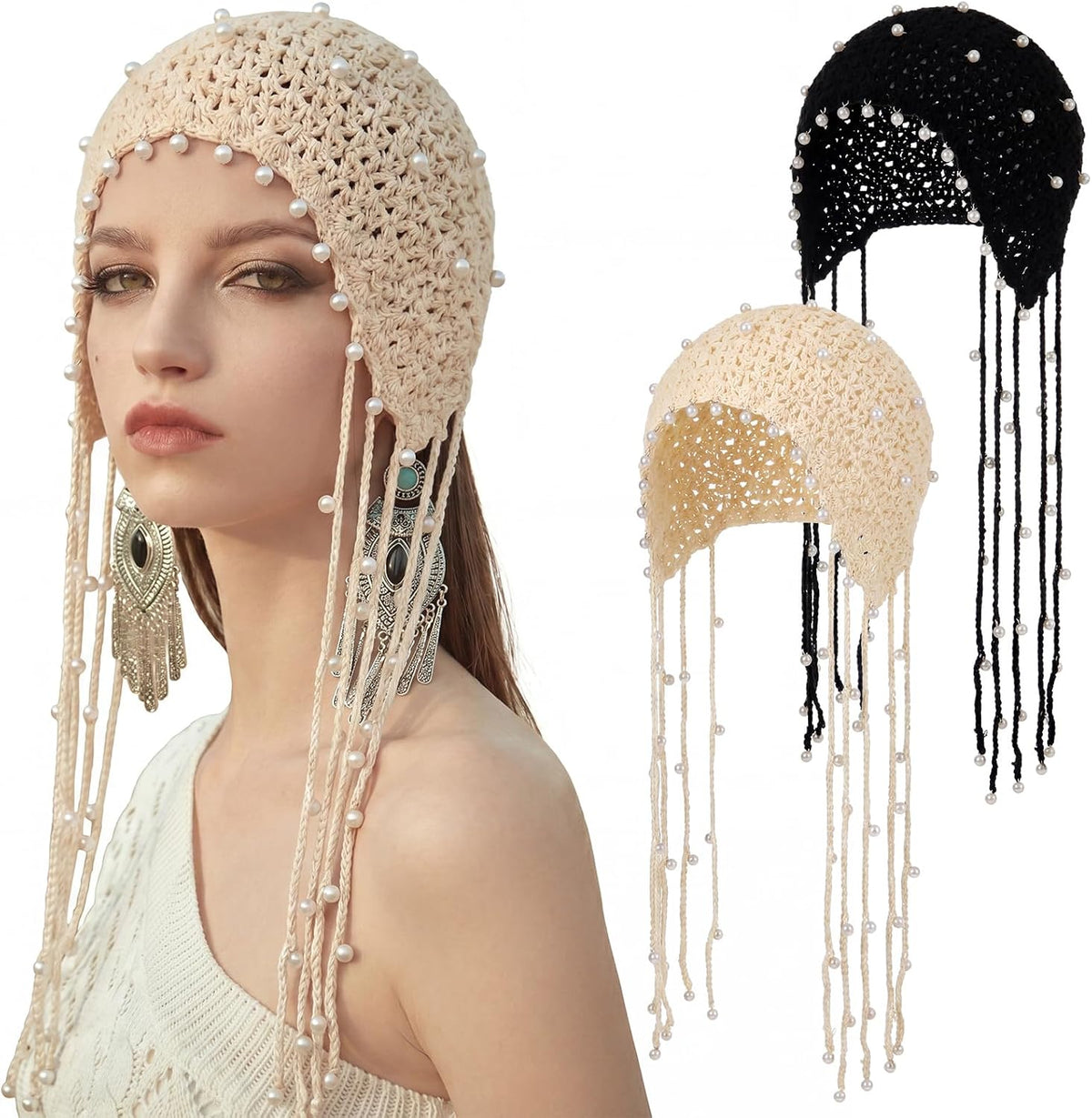Cuffbow Gorro de ganchillo con lentejuelas brillantes, estilo bohem...