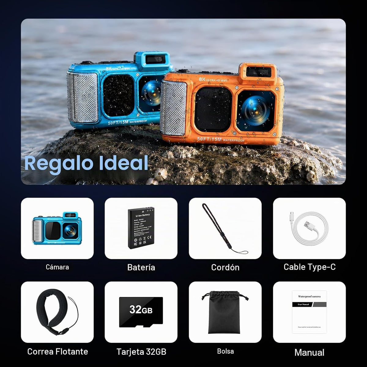 8K cámara subacuática WiFi 90MP 50FT táctil impermeable cámara 32GB...