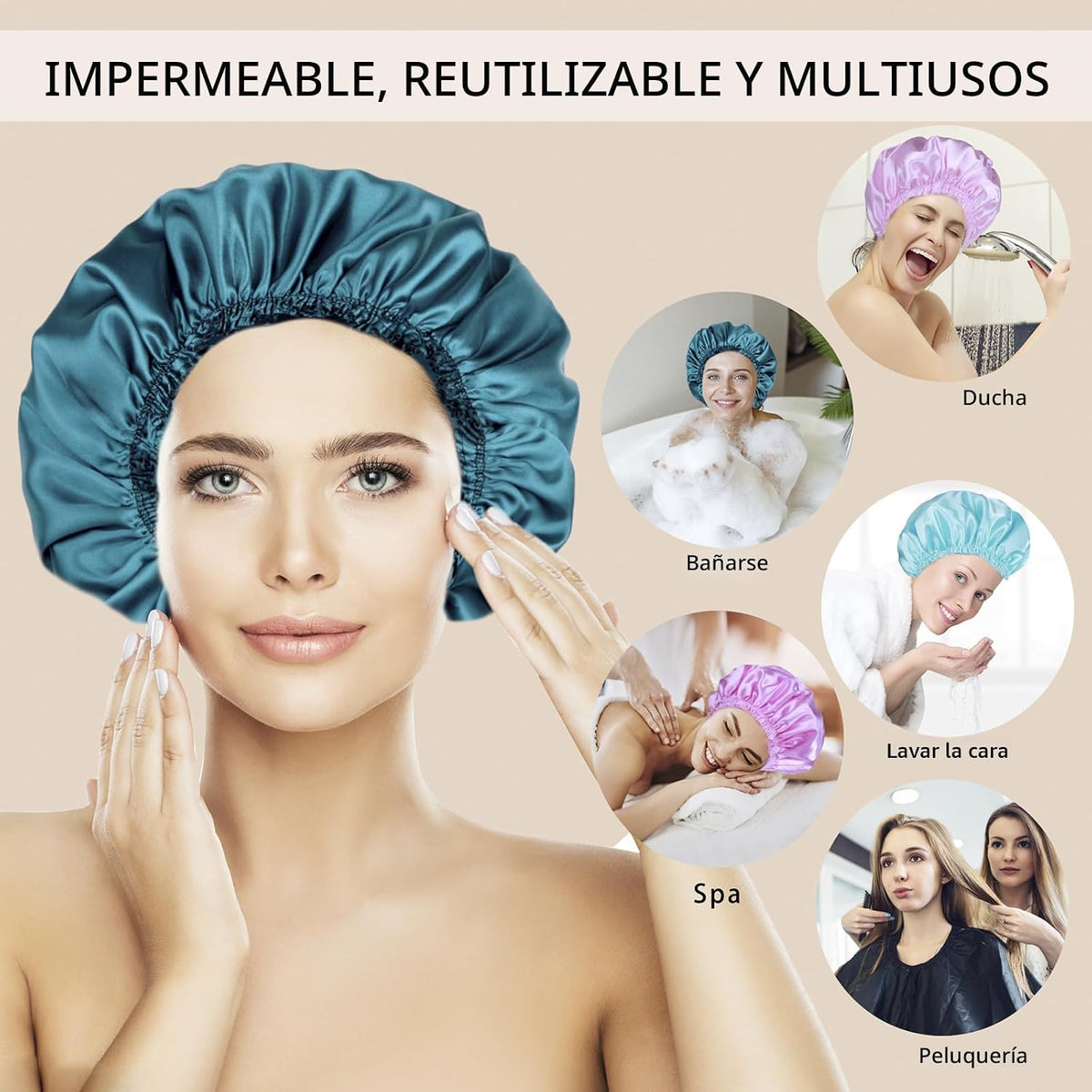 Gorros de ducha para mujer, 4 piezas de gorros de baño elásticos y...