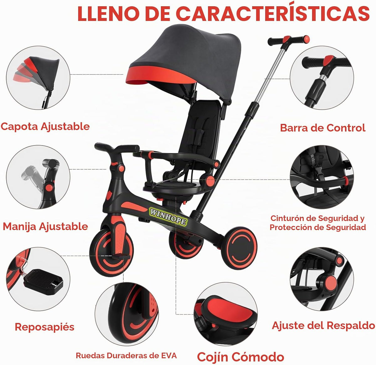 Winhope Triciclo para niños, triciclo 6 en 1 para bebés con asa de...