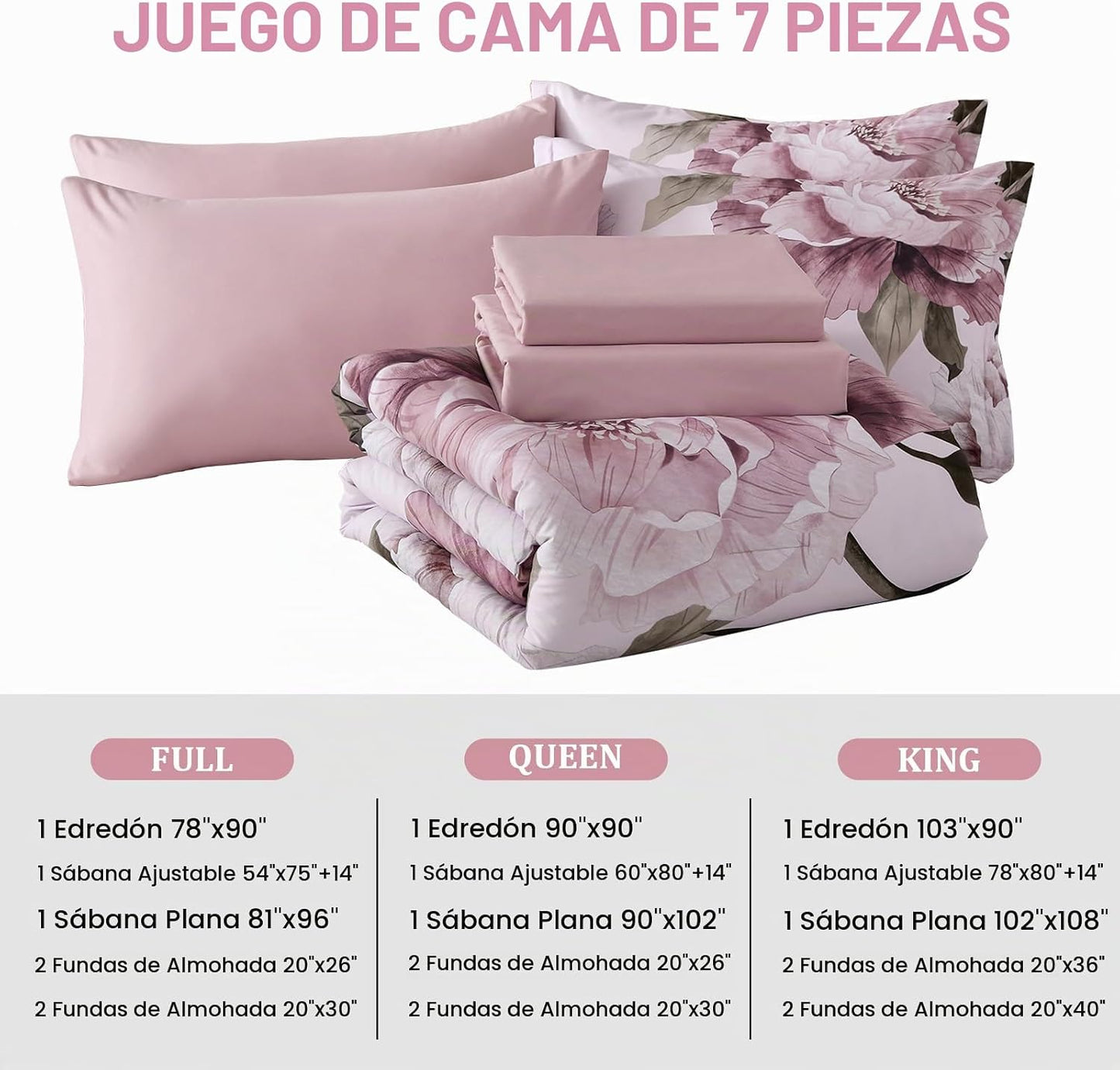Dobuyly Juego de edredón rosa tamaño completo de 7 piezas cama en u...