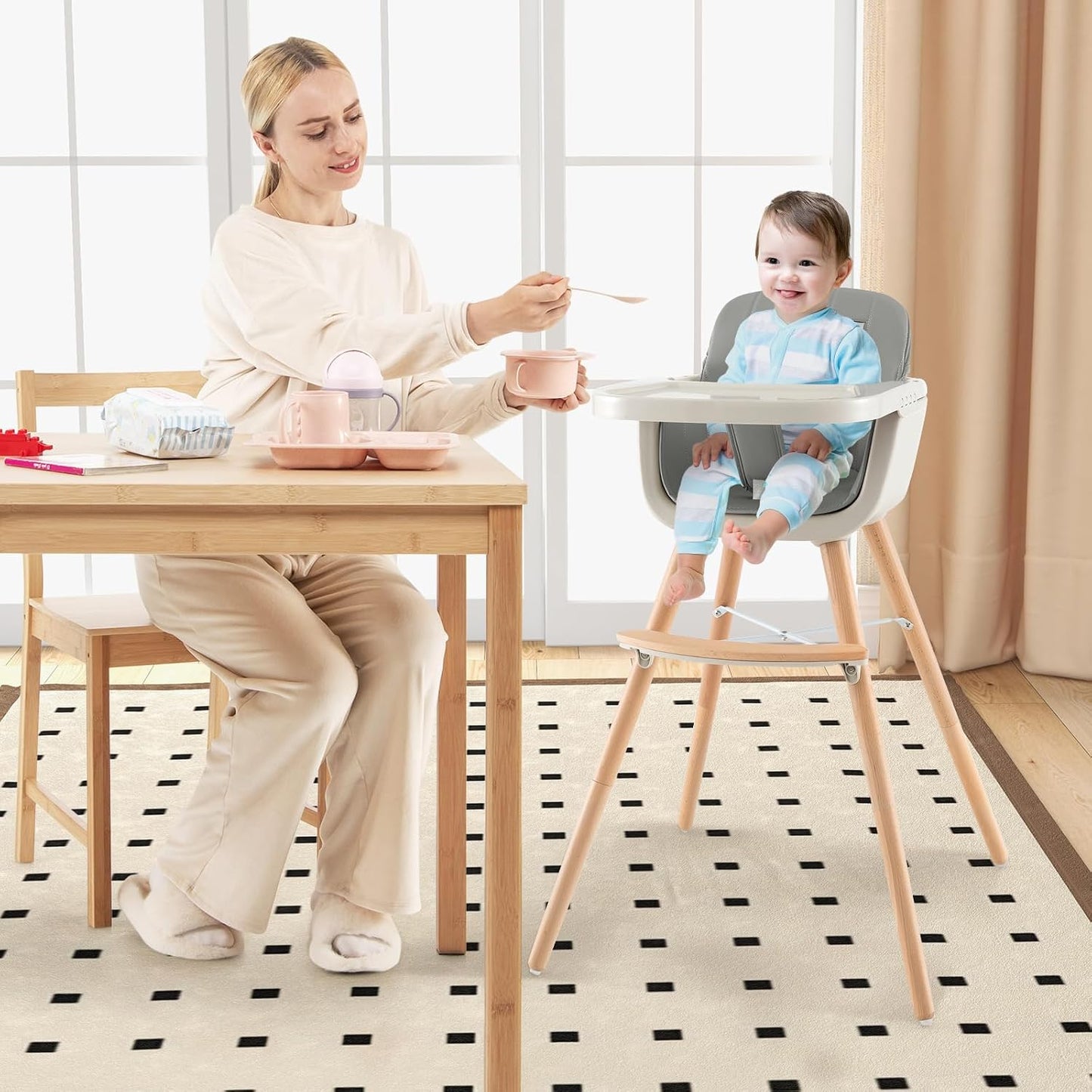HONEY JOY Silla alta para bebé, silla alta de madera 6 en 1 con ban...