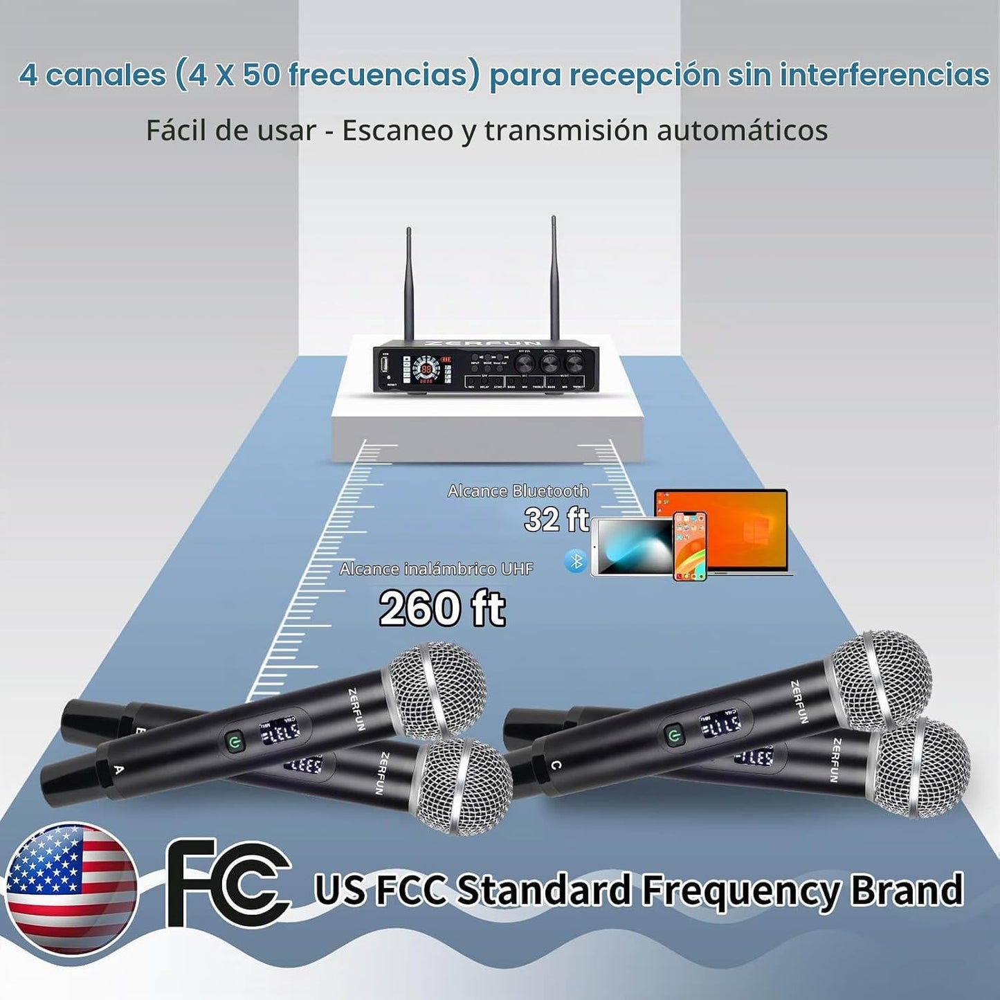 ZERFUN Pro - Sistema de micrófono inalámbrico de 4 canales recargab...