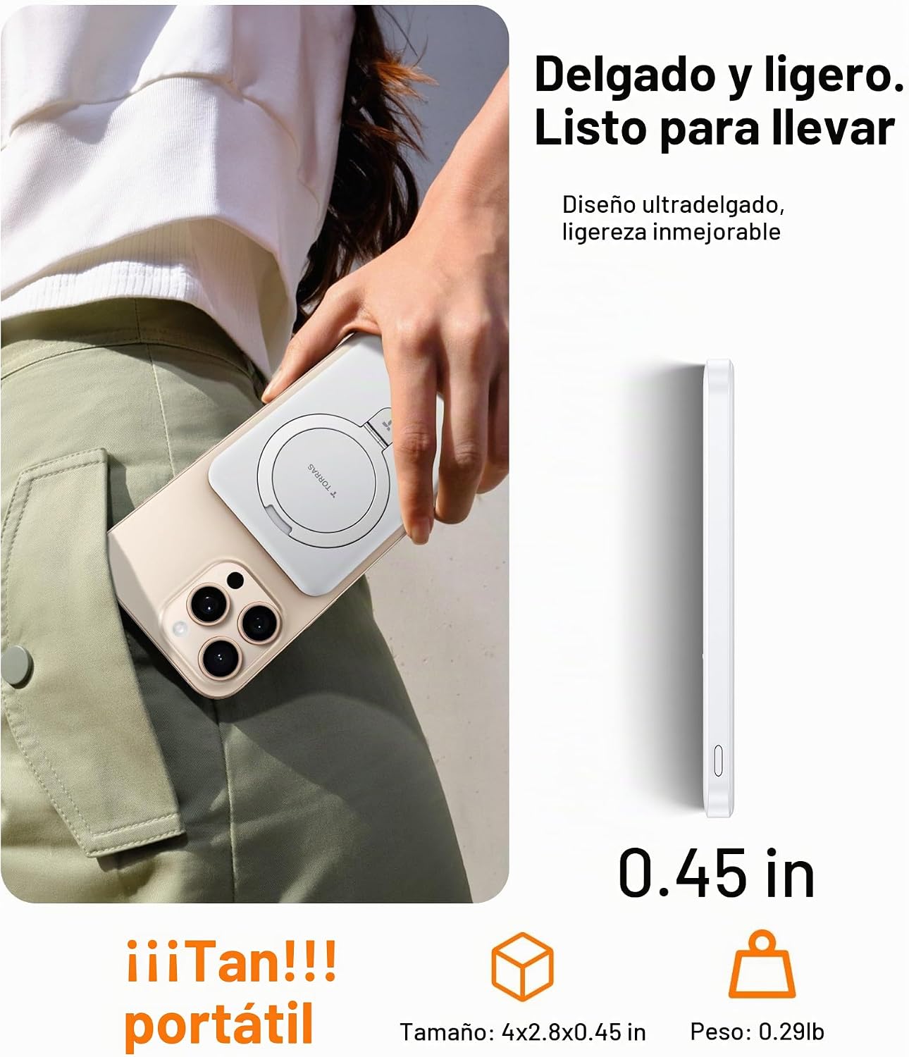 TORRAS EasyGo Cargador Portátil Magnético Delgado de 0.45" para...