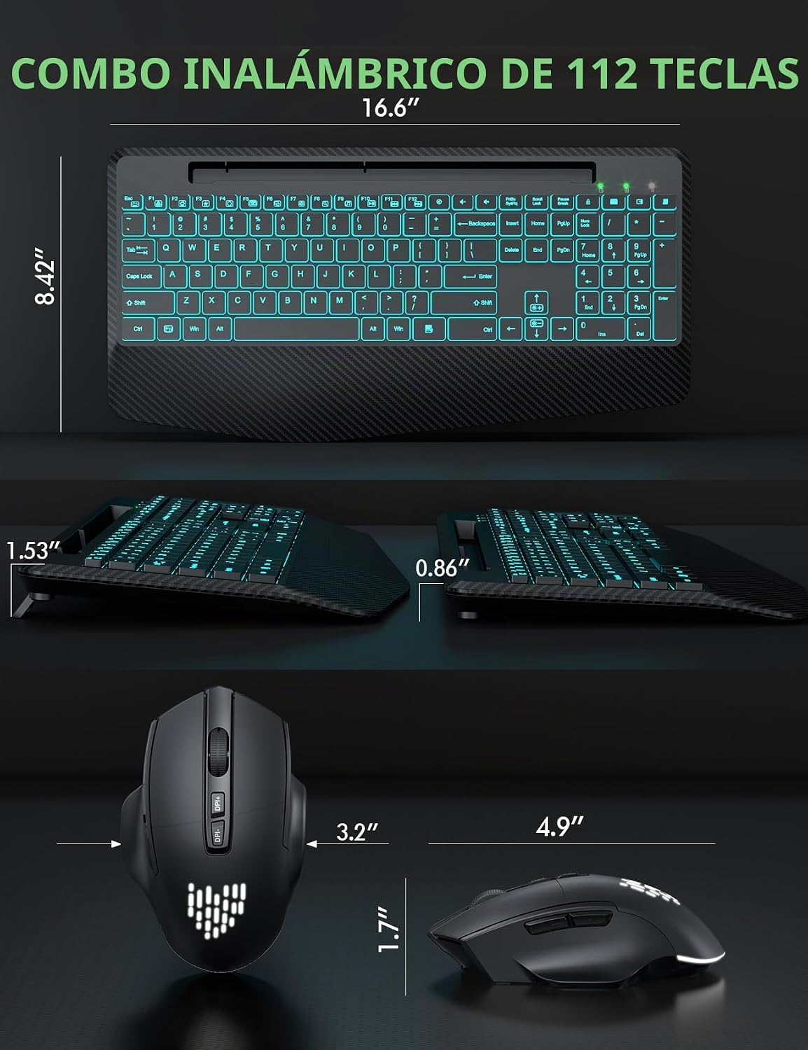 Teclado y Mouse Inalámbricos con Retroiluminación, Reposamuñecas, M...