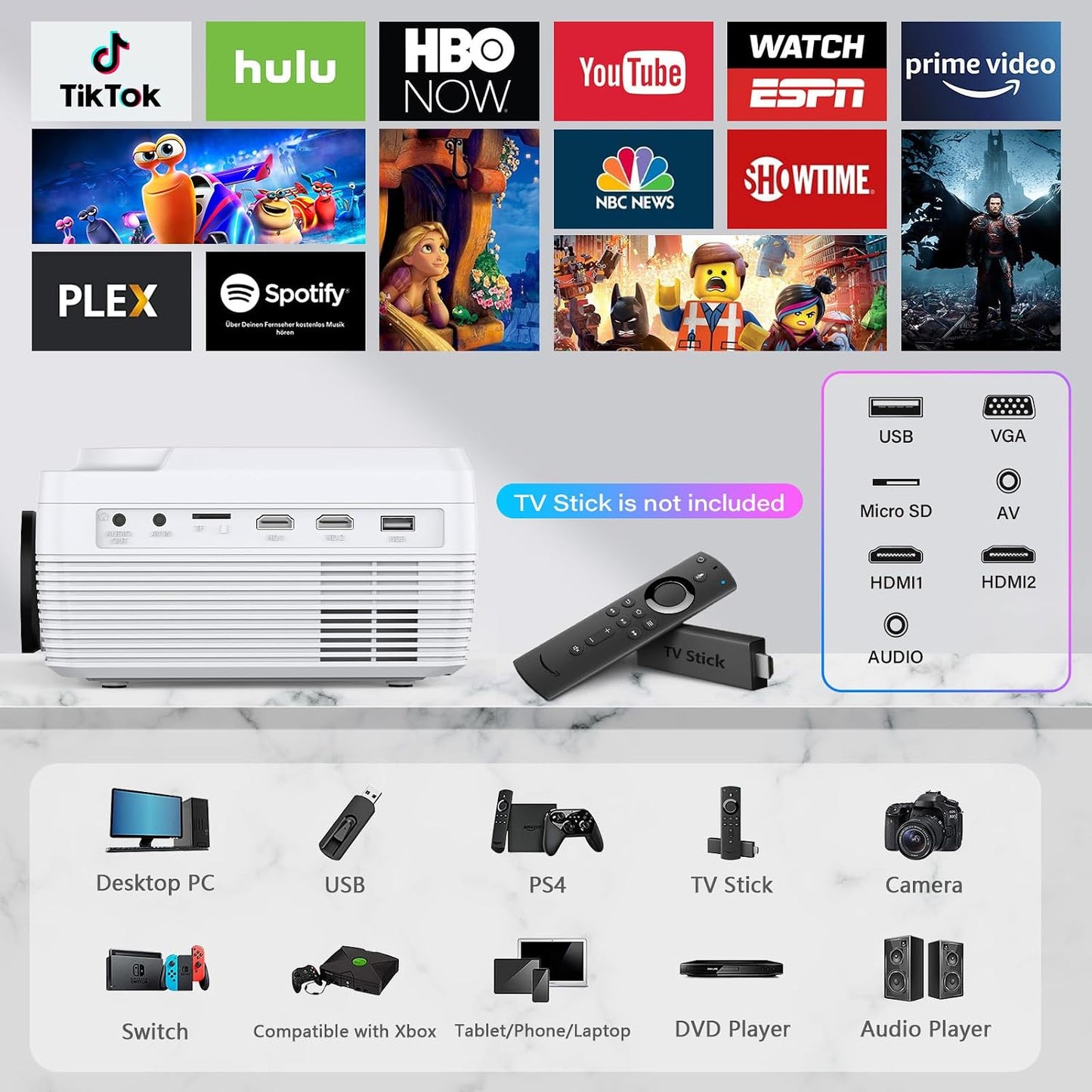 Proyector Bluetooth Full HD WiFi Reproductor de DVD integrado, 1200...