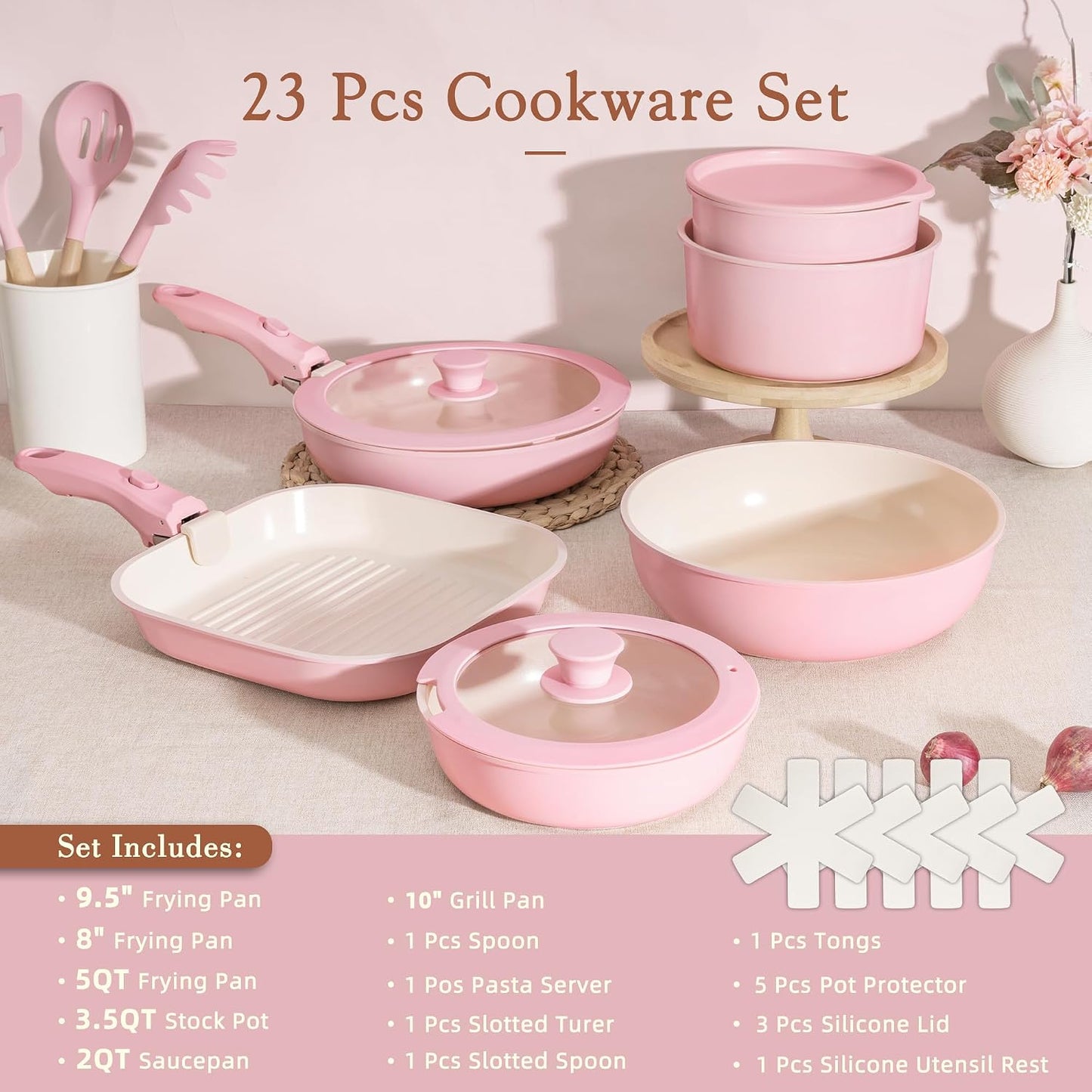 Astercook Juego de 23 ollas y sartenes antiadherentes, juego de ute...