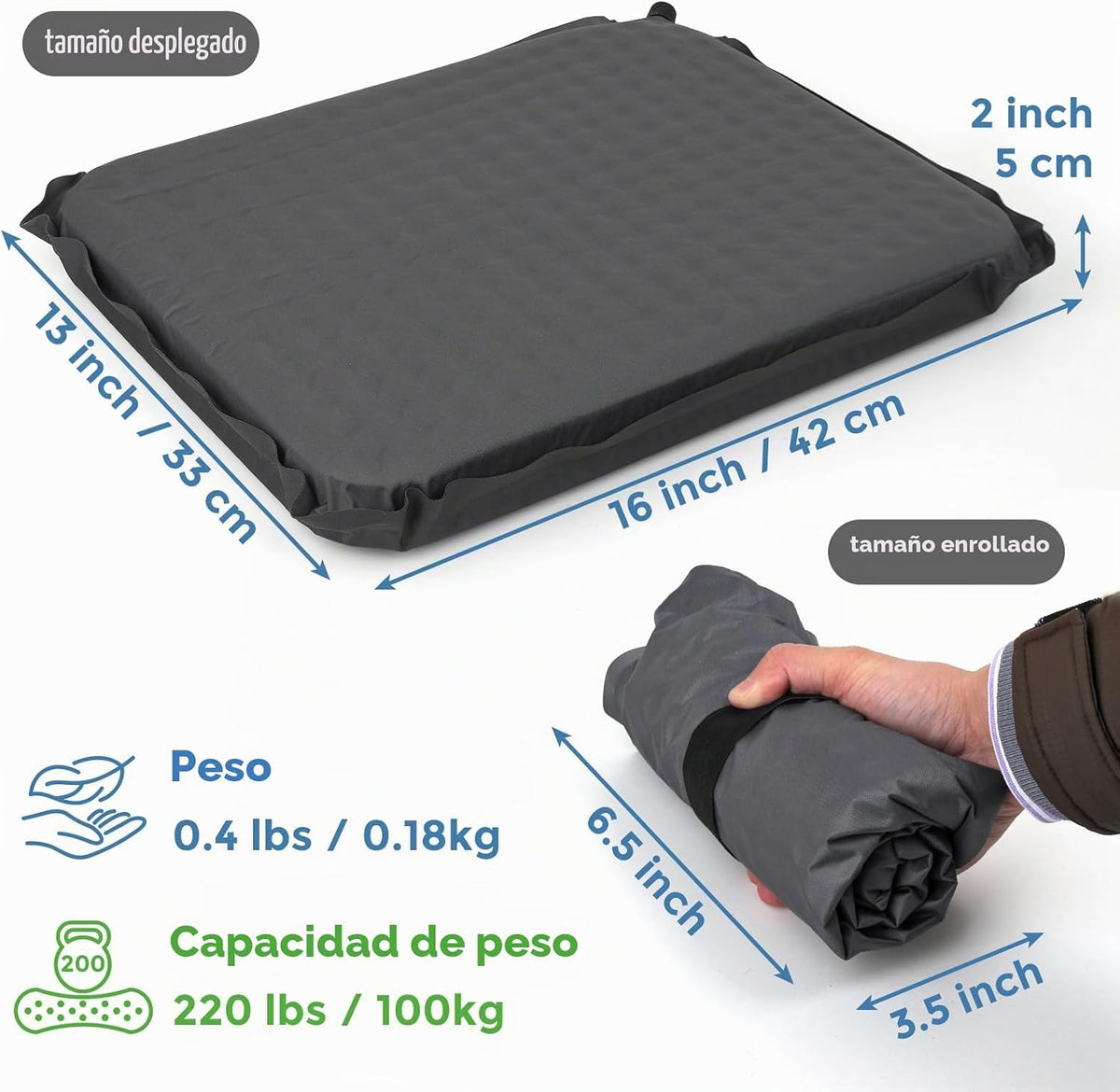 Paquete de 2 cojines de asiento autoinflables, 16 x 13 pulgadas, al...