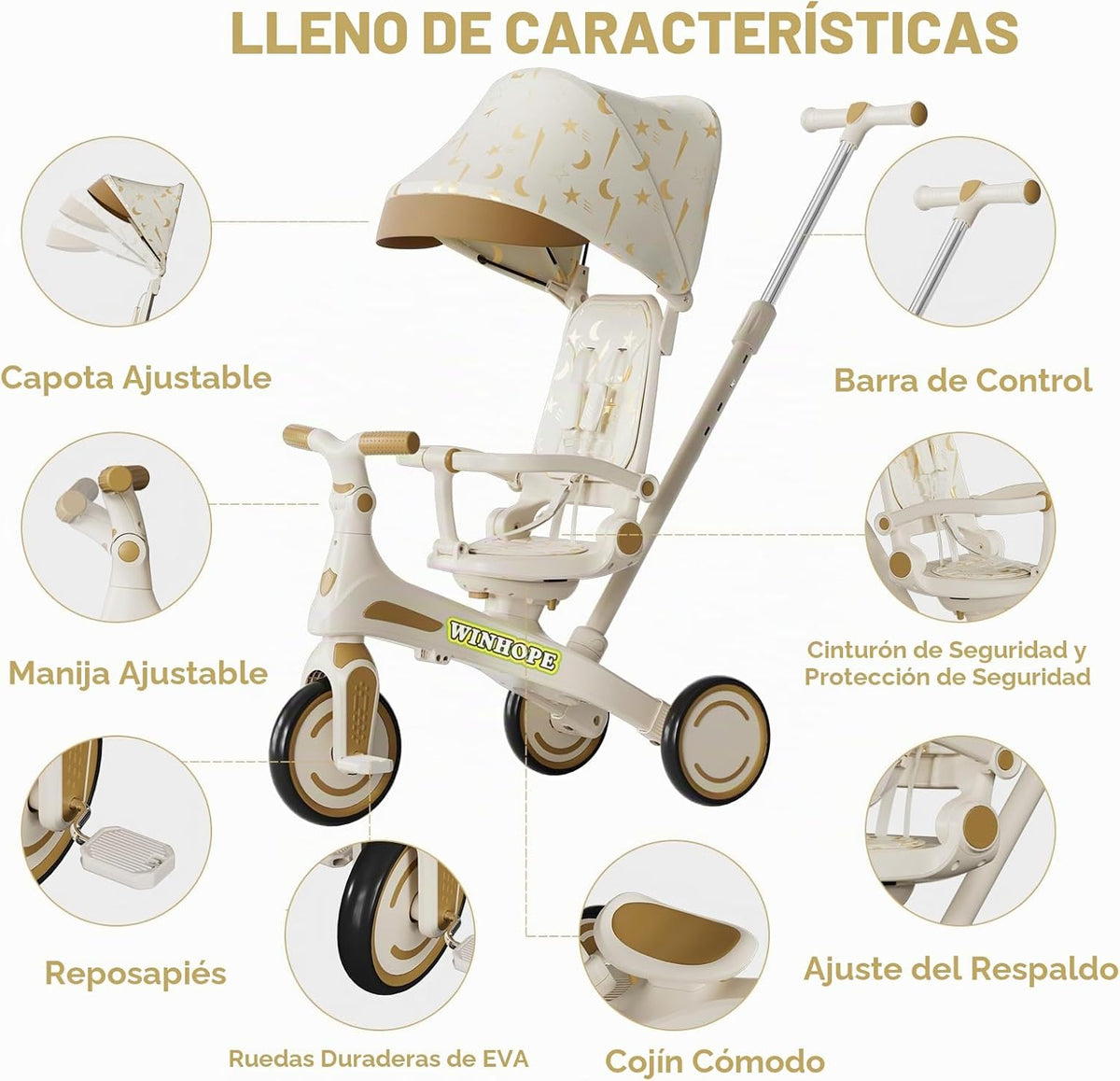 Triciclo para niños, triciclo 6 en 1 para bebés con mango ajustable...