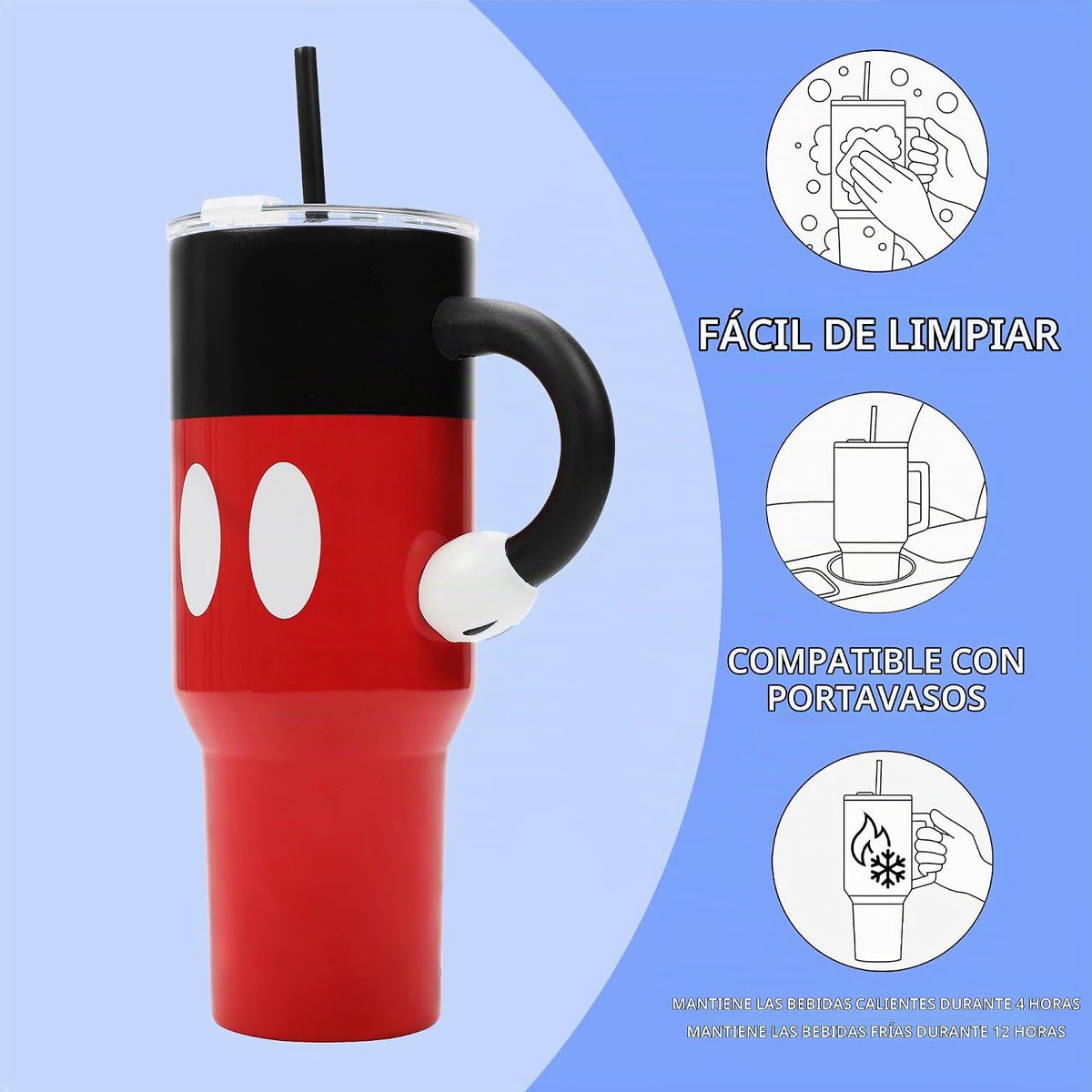 Disney Mickey Mouse - Vaso de acero inoxidable de 40 onzas con mang...