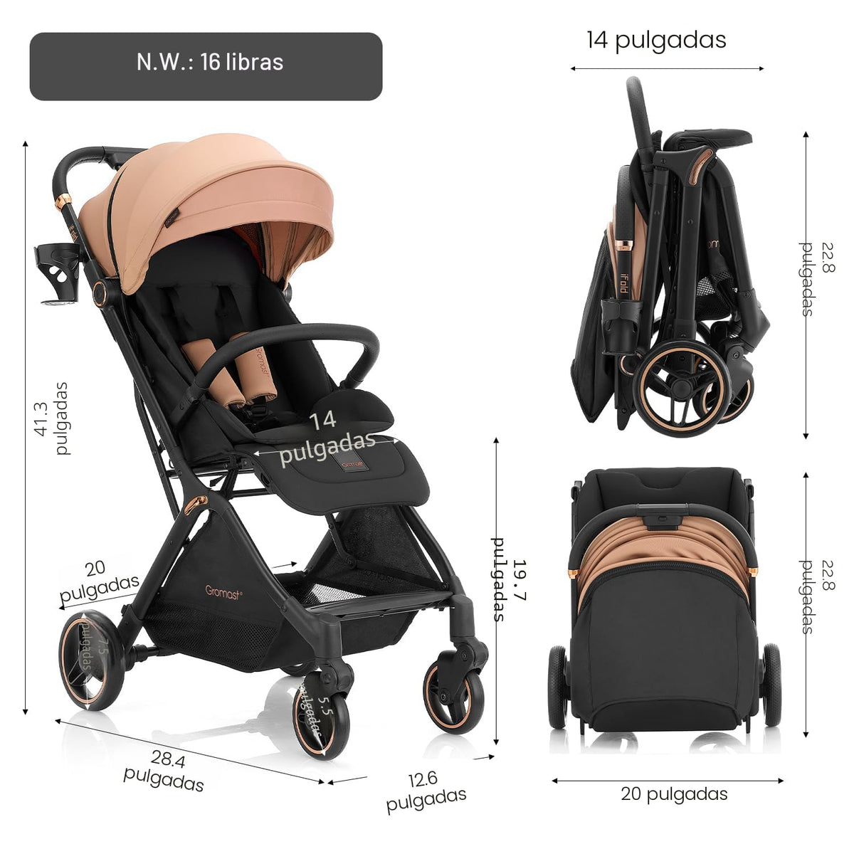 Gromast Gravity - Cochecito de bebé plegable \u2013 Cochecito portá...