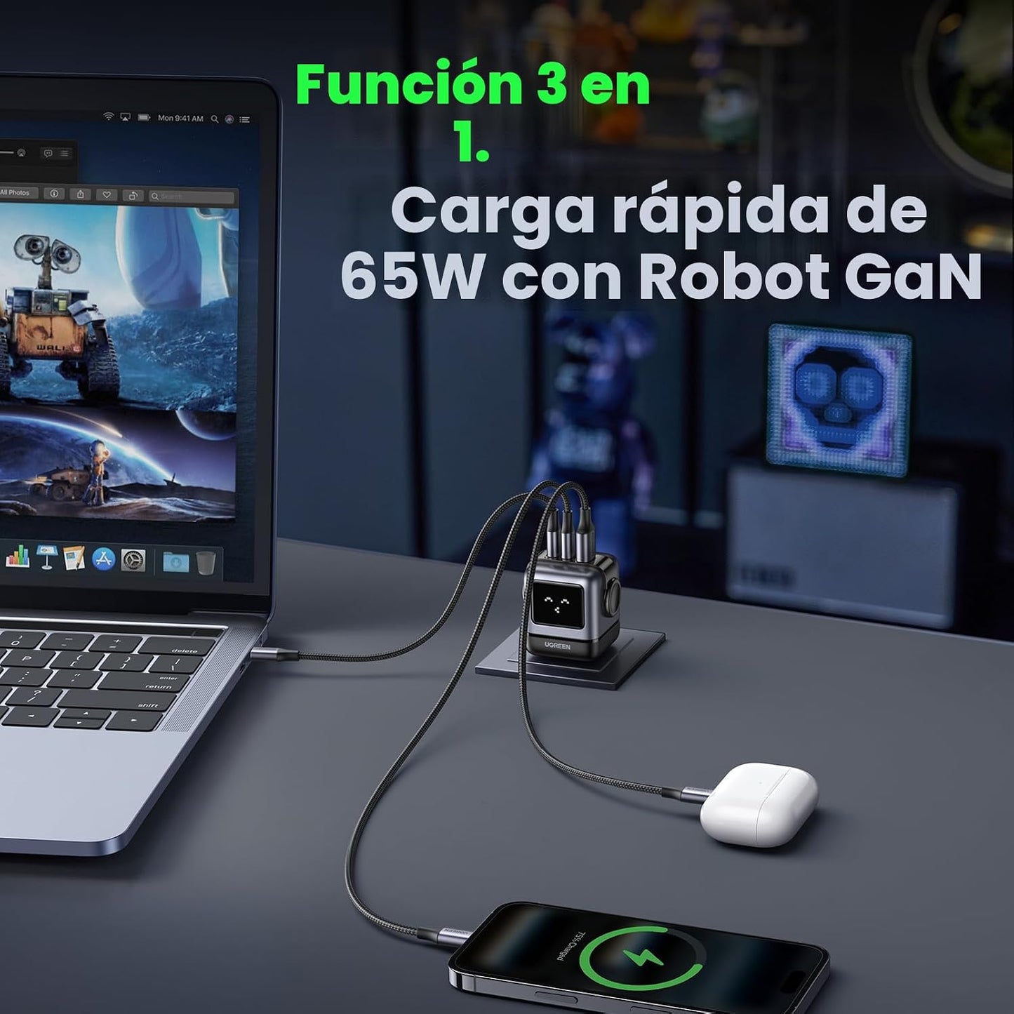 UGREEN Uno - Adaptador de cargador USB C de 65 W, 3 puertos, bloque...