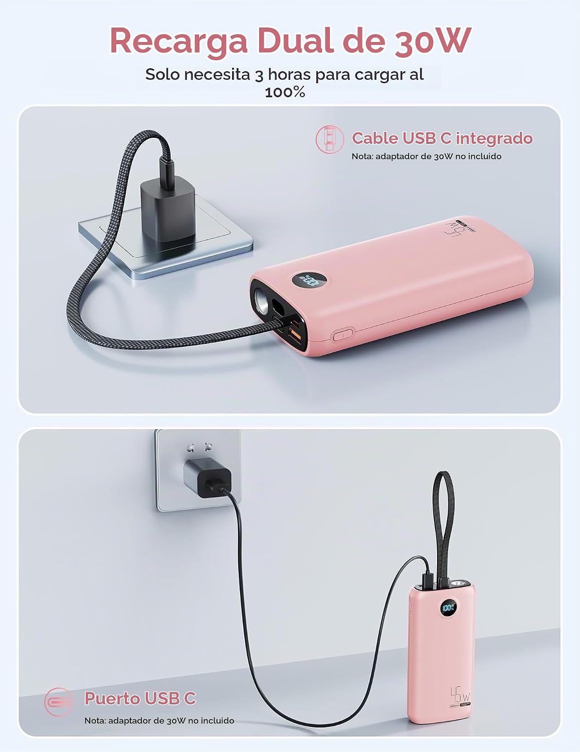 Cargador portátil, batería portátil de 45 W, 20000 mAh, con cable U...