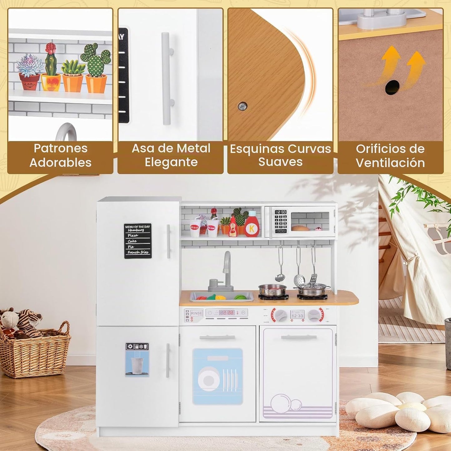 HONEY JOY Juego de cocina para niños, cocina de madera de pequeño c...