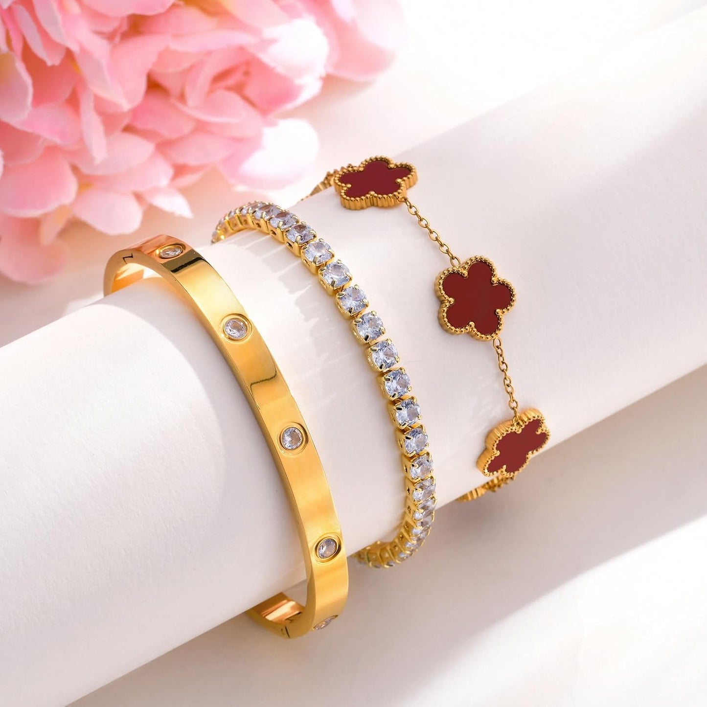 Pulseras florales apilables para mujer en oro - Juego de 3 pulseras...