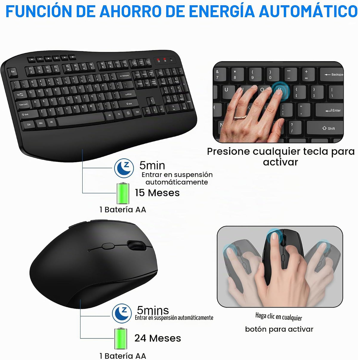 EDJO Combo de teclado y mouse inalámbricos, teclado ergonómico de c...