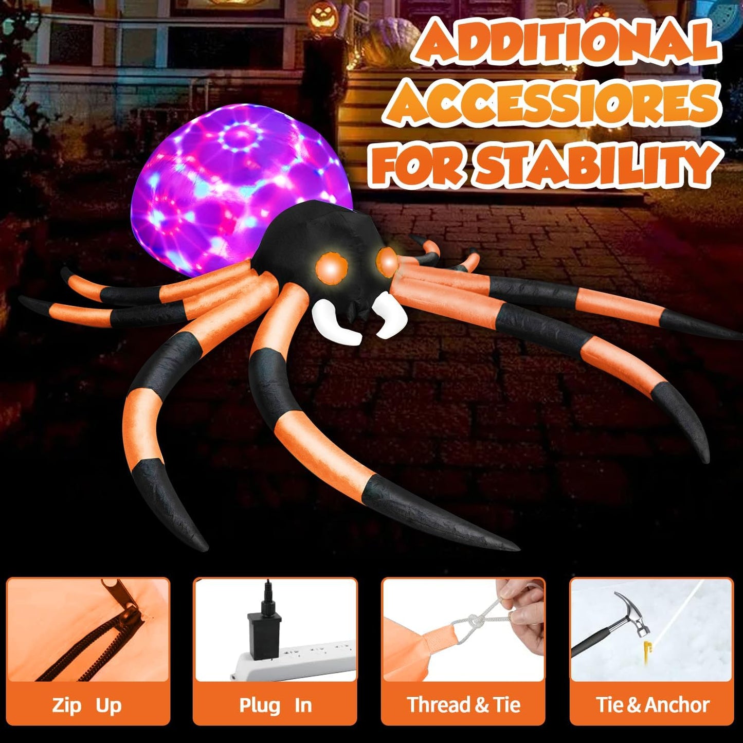 zukakii Araña inflable de Halloween de 12 pies con luces LED cambia...