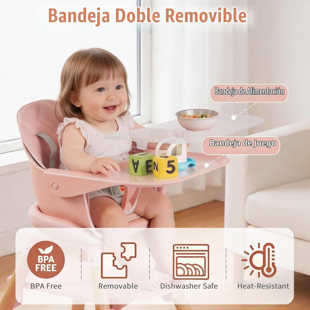 Silla alta 6 en 1 para bebé, sillas altas convertibles de madera pa...