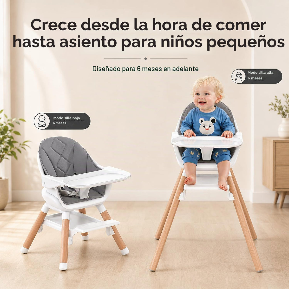 DDIOYIUR Silla alta convertible 6 en 1 para bebé, patas de madera d...