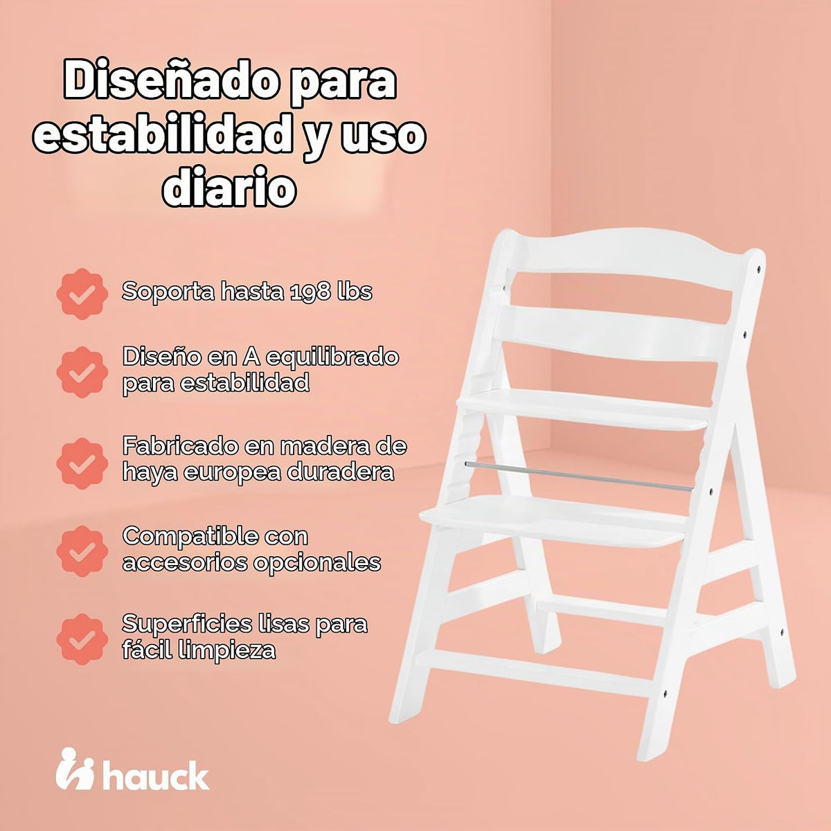 Hauck Alpha+ Trona de madera de haya maciza con asiento ajustable,...