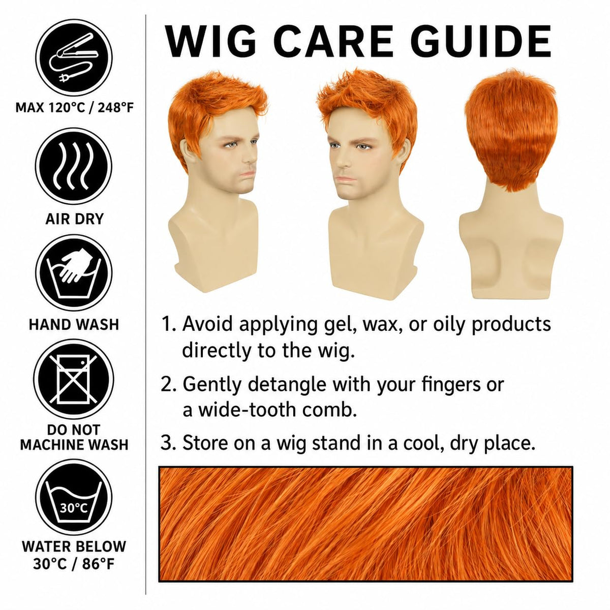 Star Flower Peluca naranja corta para hombre, pelucas de pelo sinté...