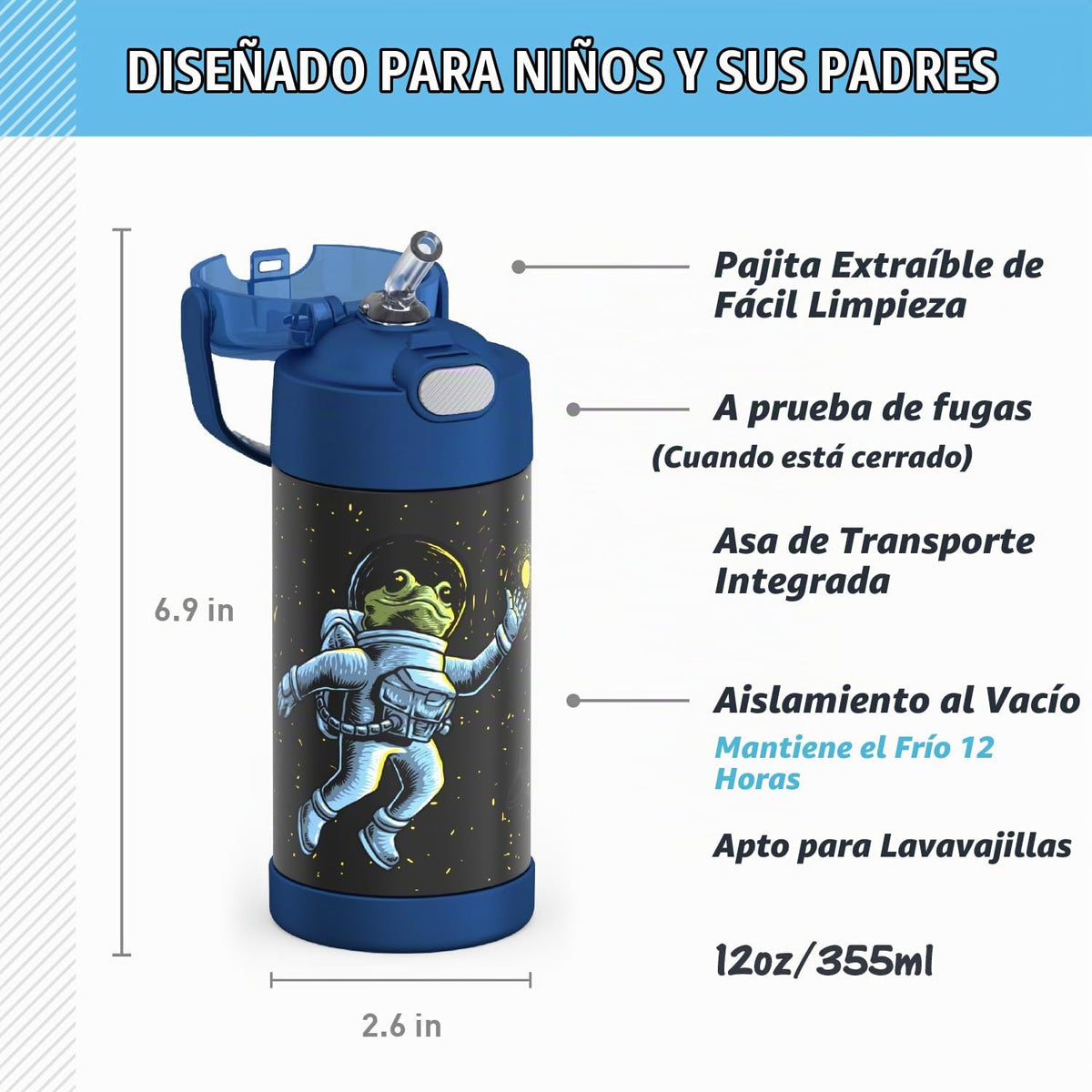 THERMOS FUNTAINER Botella de agua con pajita, 12 onzas, rana espaci...