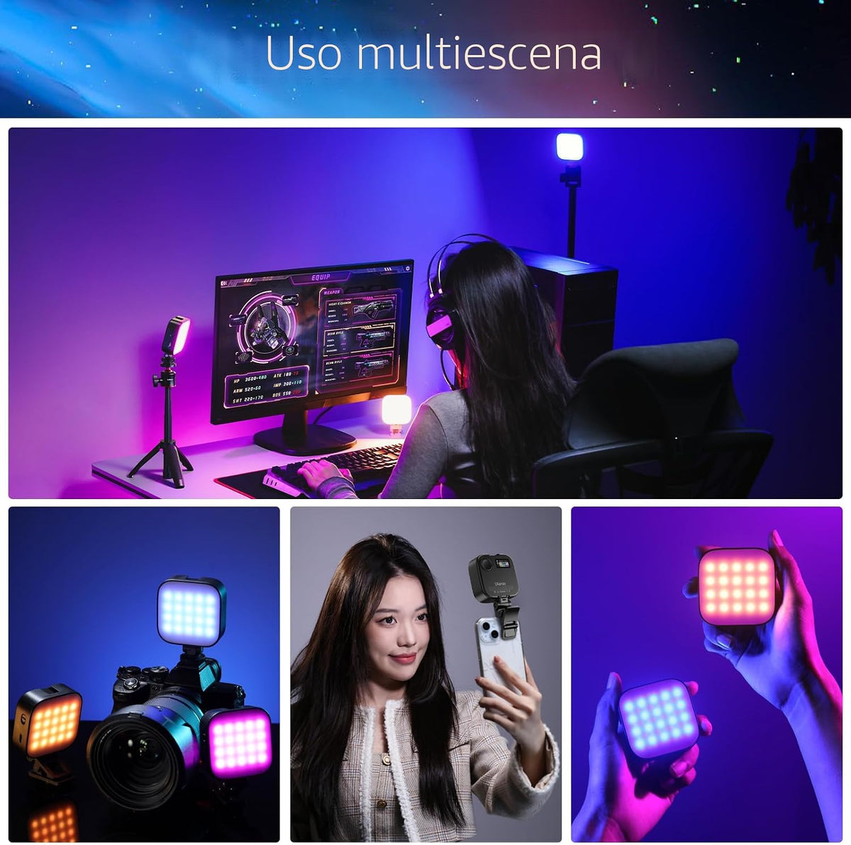 ULANZI Luces de video RGB U60 Luz de cámara LED negra 360° Iluminac...