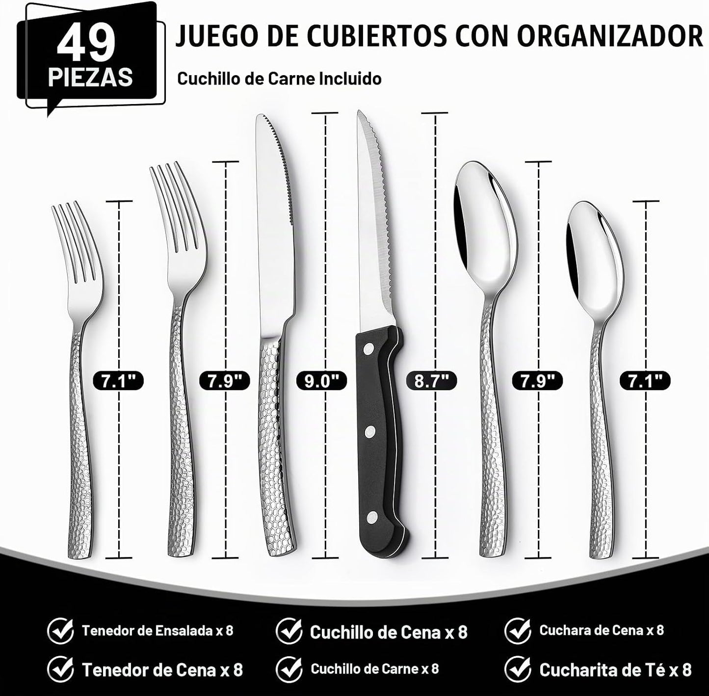 Juego de cubiertos martillados de 49 piezas con organizador, juego...