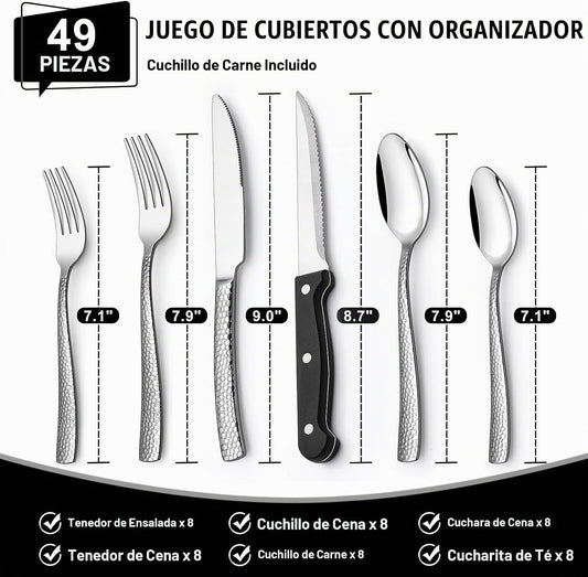 Juego de cubiertos martillados de 49 piezas con organizador, juego...