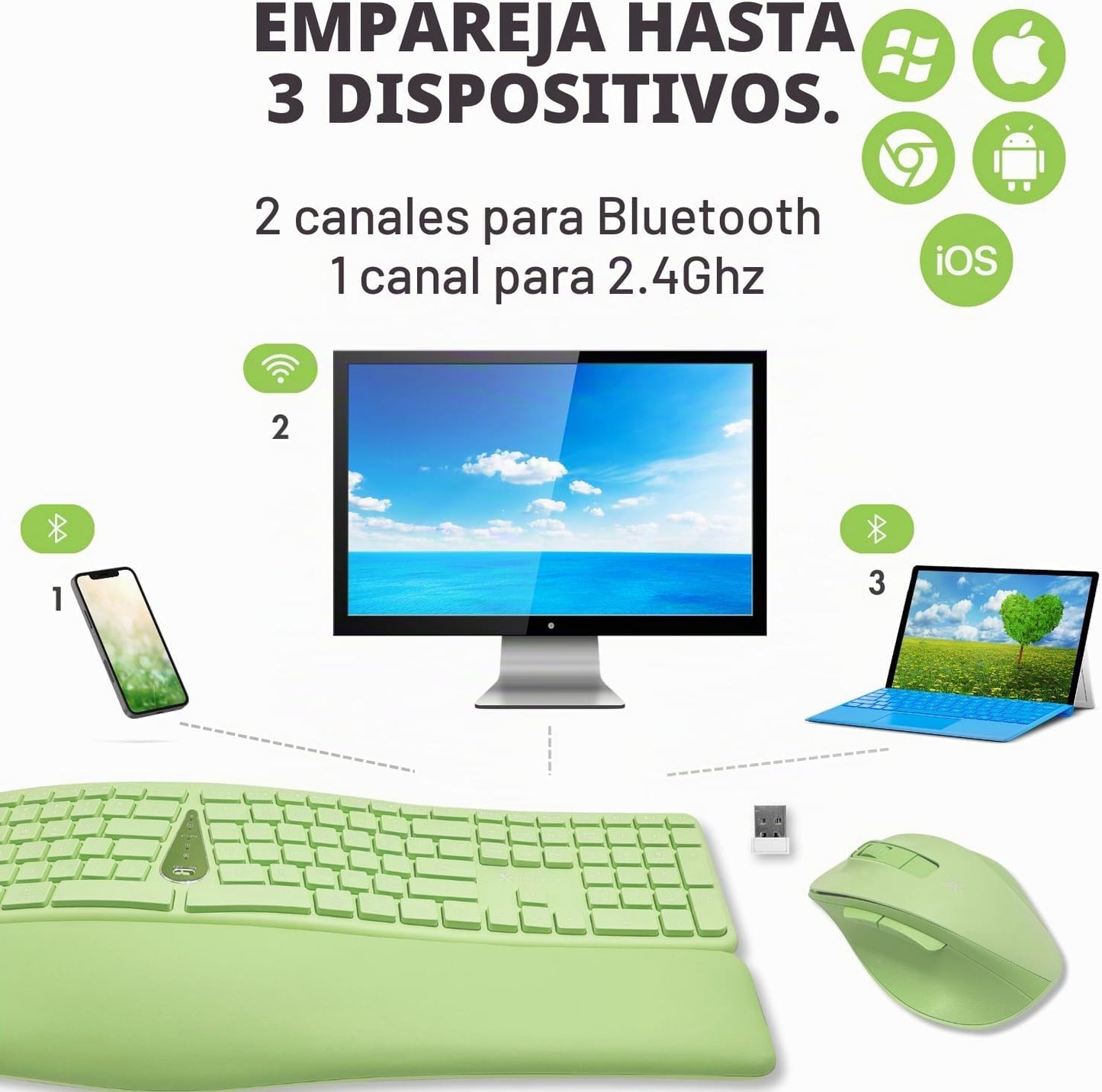 X9 Green Ergonómico Teclado Ratón Combo Inalámbrico - Escribe Cómod...