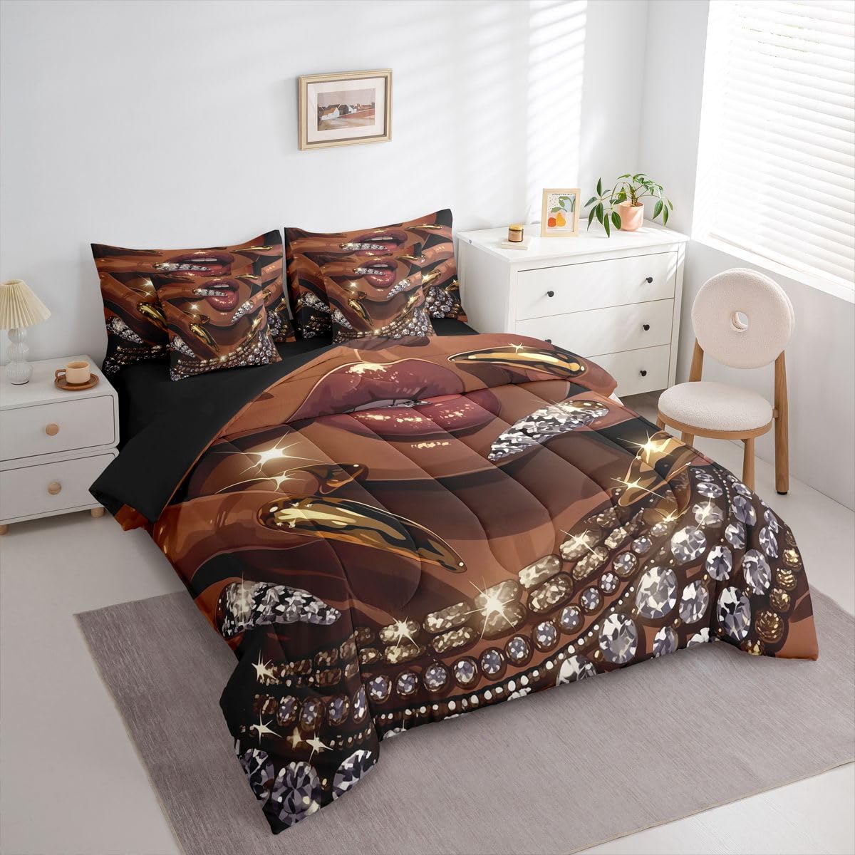 Erosebridal Juego de edredón de 7 piezas para mujer negra, cama Que...
