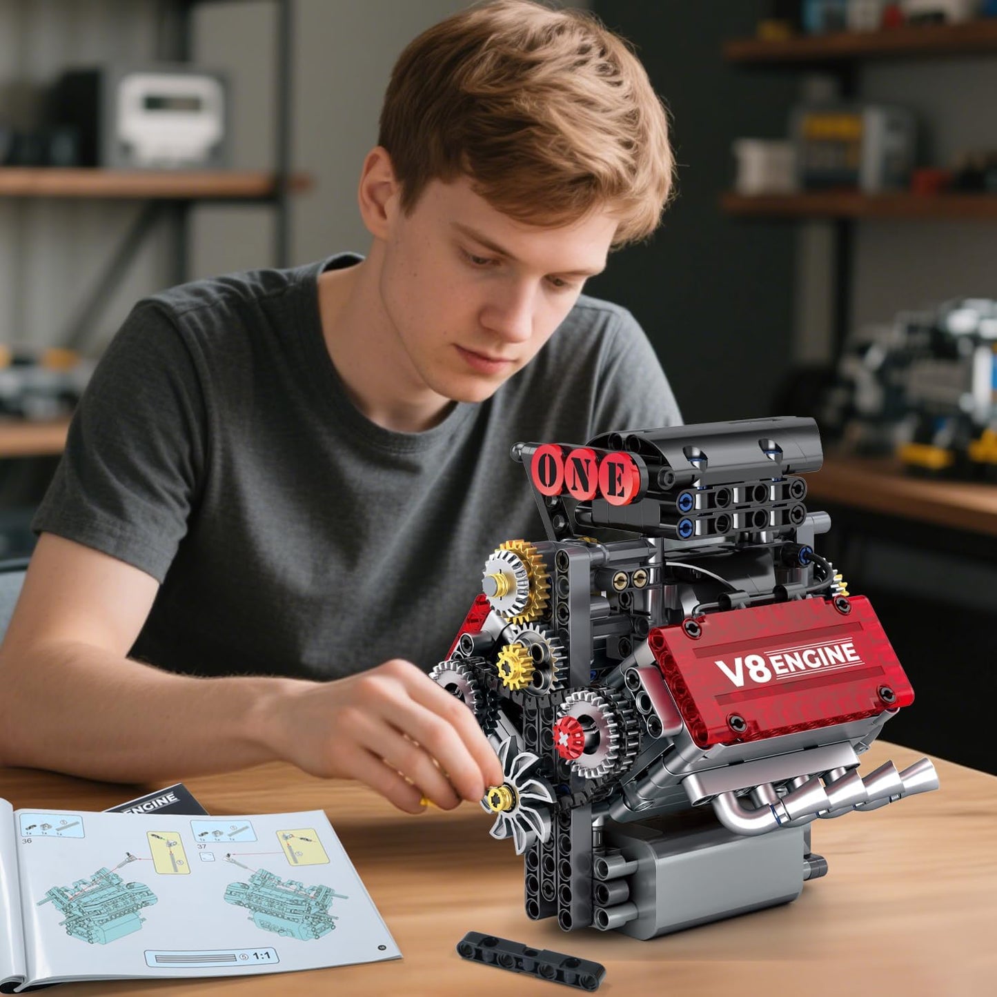 WINGIFT Juego de construcción de motor V8, kit de modelo de motor V...