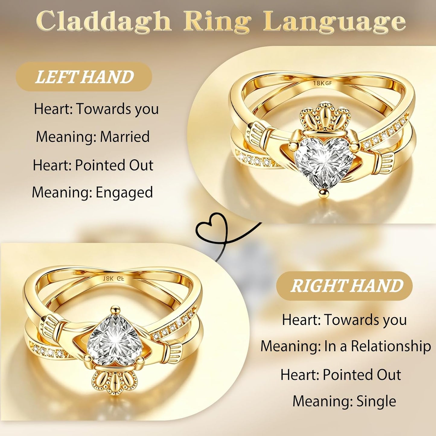 Anillo Claddagh de oro para mujer, anillo irlandés de oro de 18 qui...
