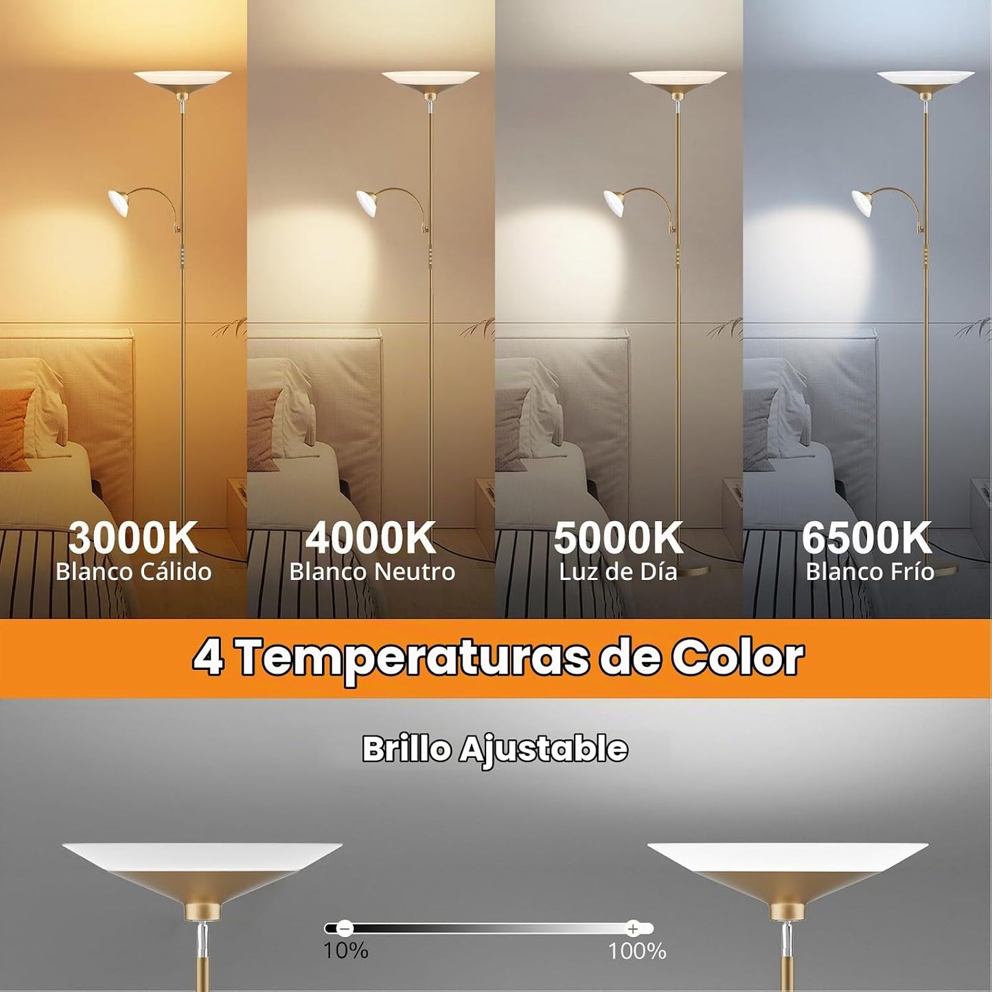 SIBRILLE Lámpara de pie Gold Torchiere - Lámpara de pie LED de 2 ví...