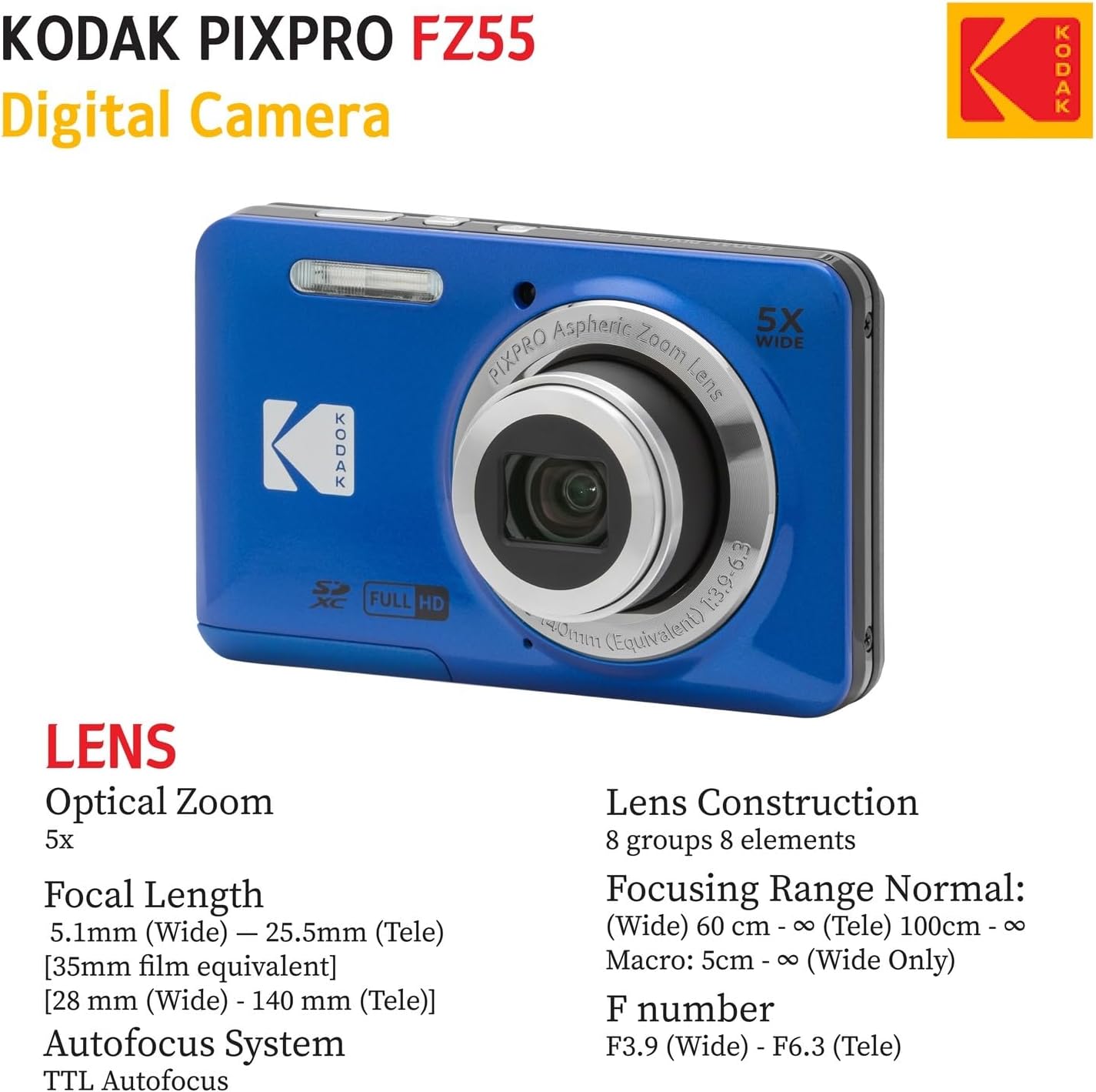 KODAK PIXPRO FZ55 cámara digital de punto y disparo de 16 Mp, zoom...