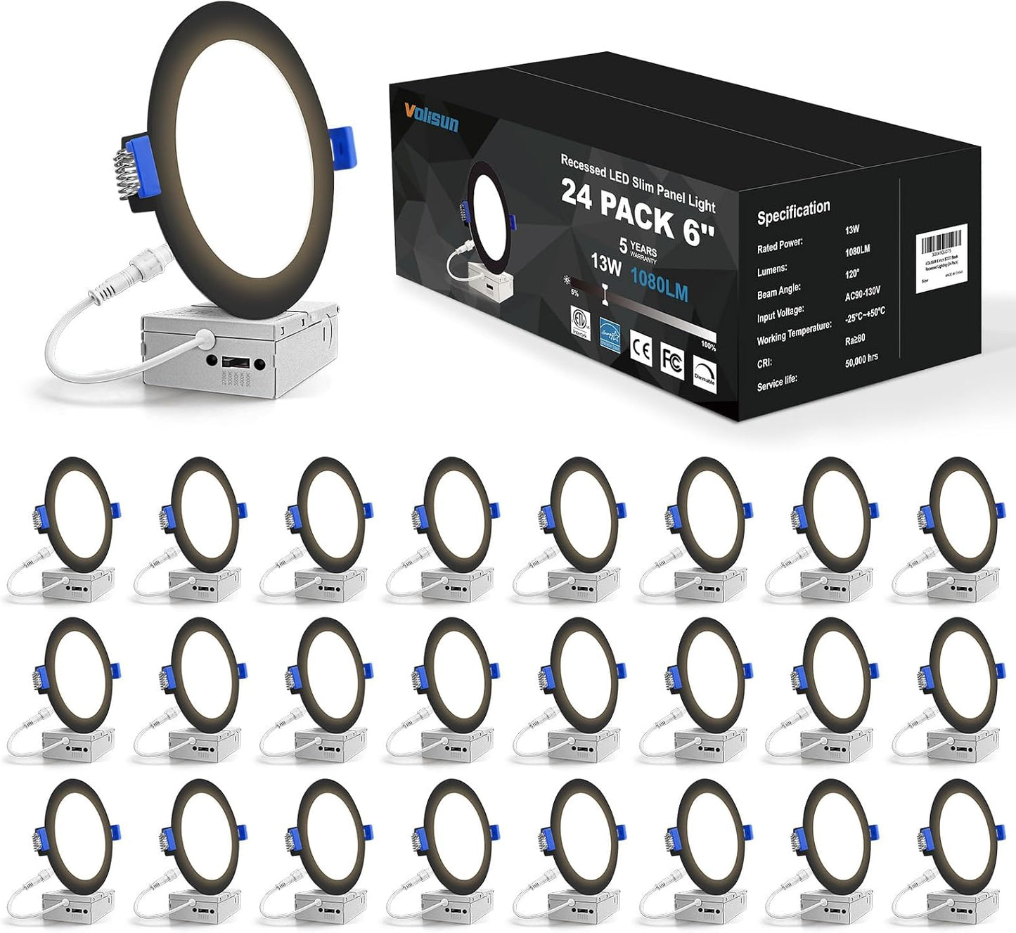 VOLISUN Paquete de 24 luces empotrables de 6 pulgadas, luz LED empo...