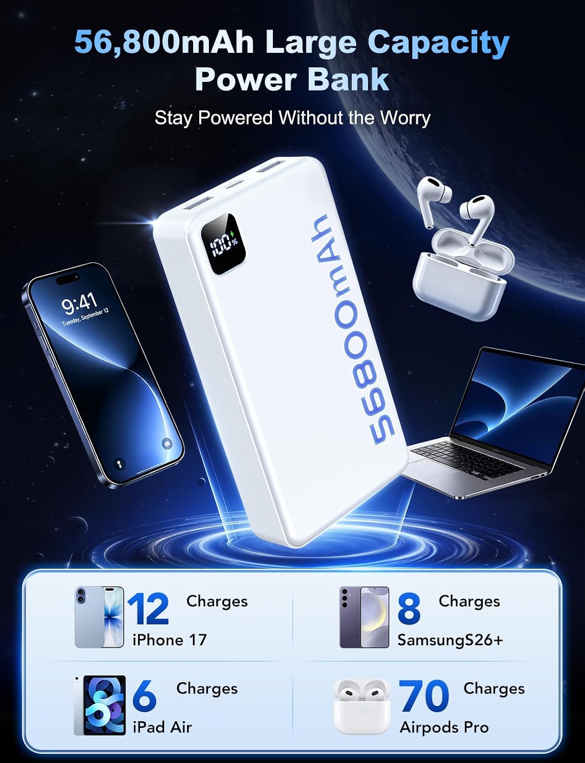 MaiVoz Cargador portátil de 56800 mAh, batería de carga rápida PD d...