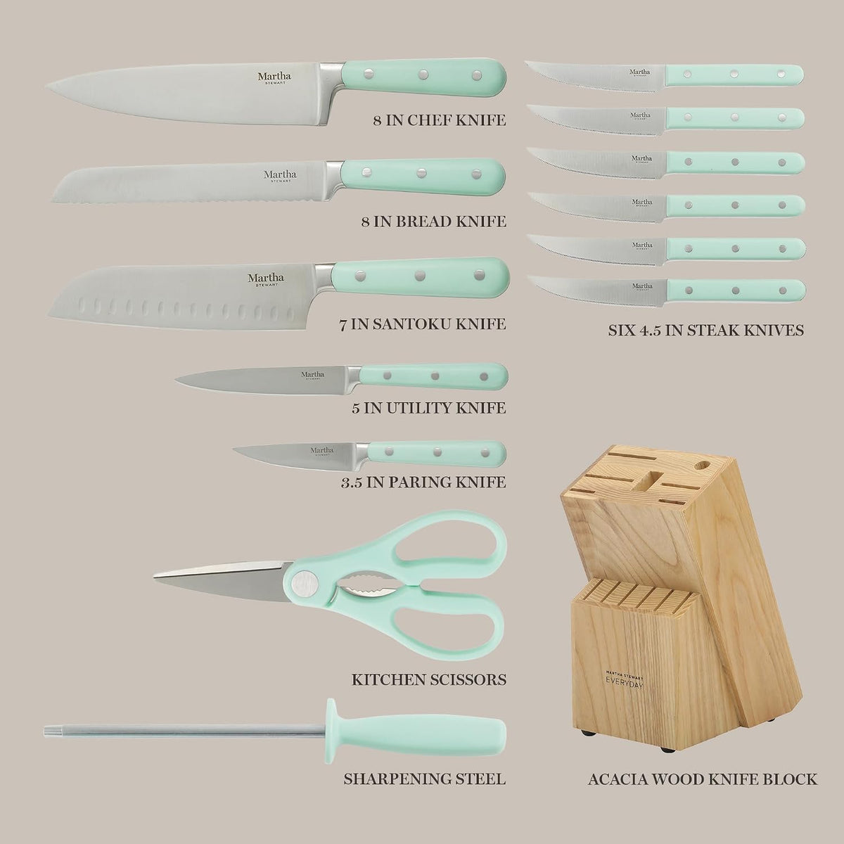 Martha Stewart Eastwalk - Juego de 14 cuchillos de acero inoxidable...