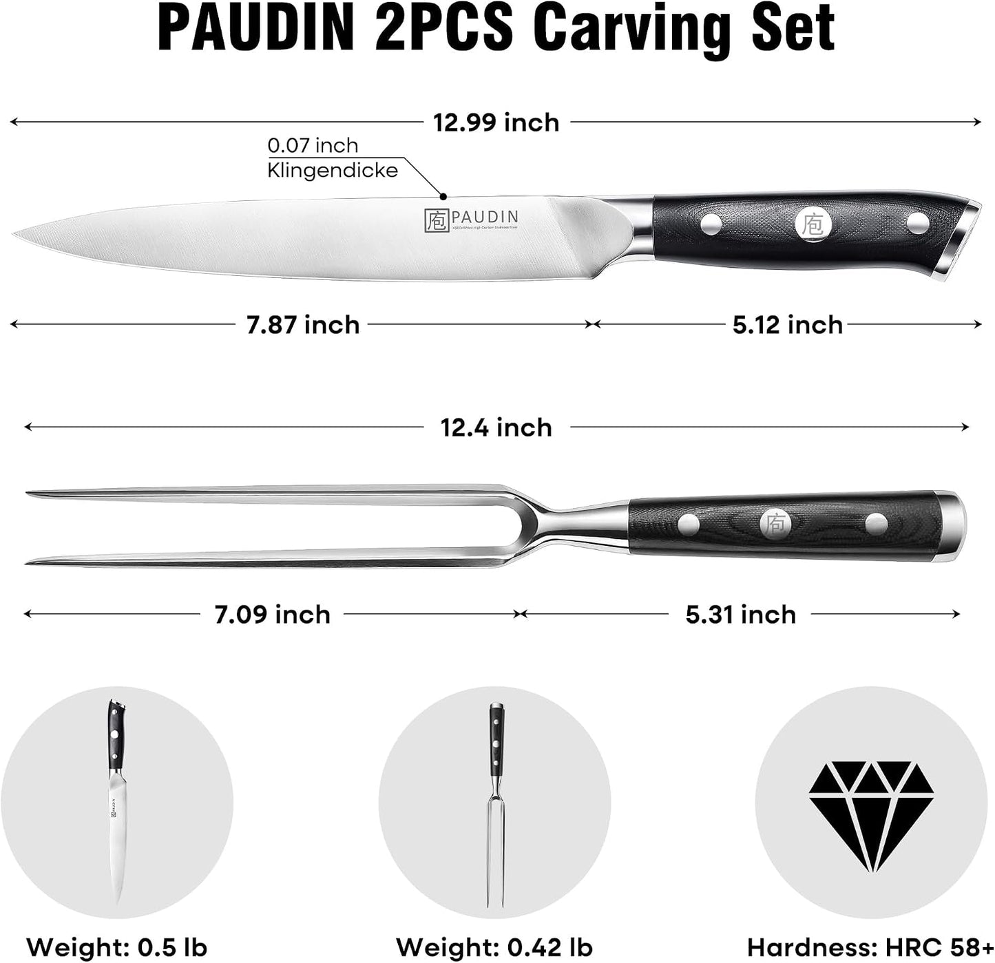 Juego de cuchillo y tenedor de tallado PAUDIN - 8" Cuchillo de...