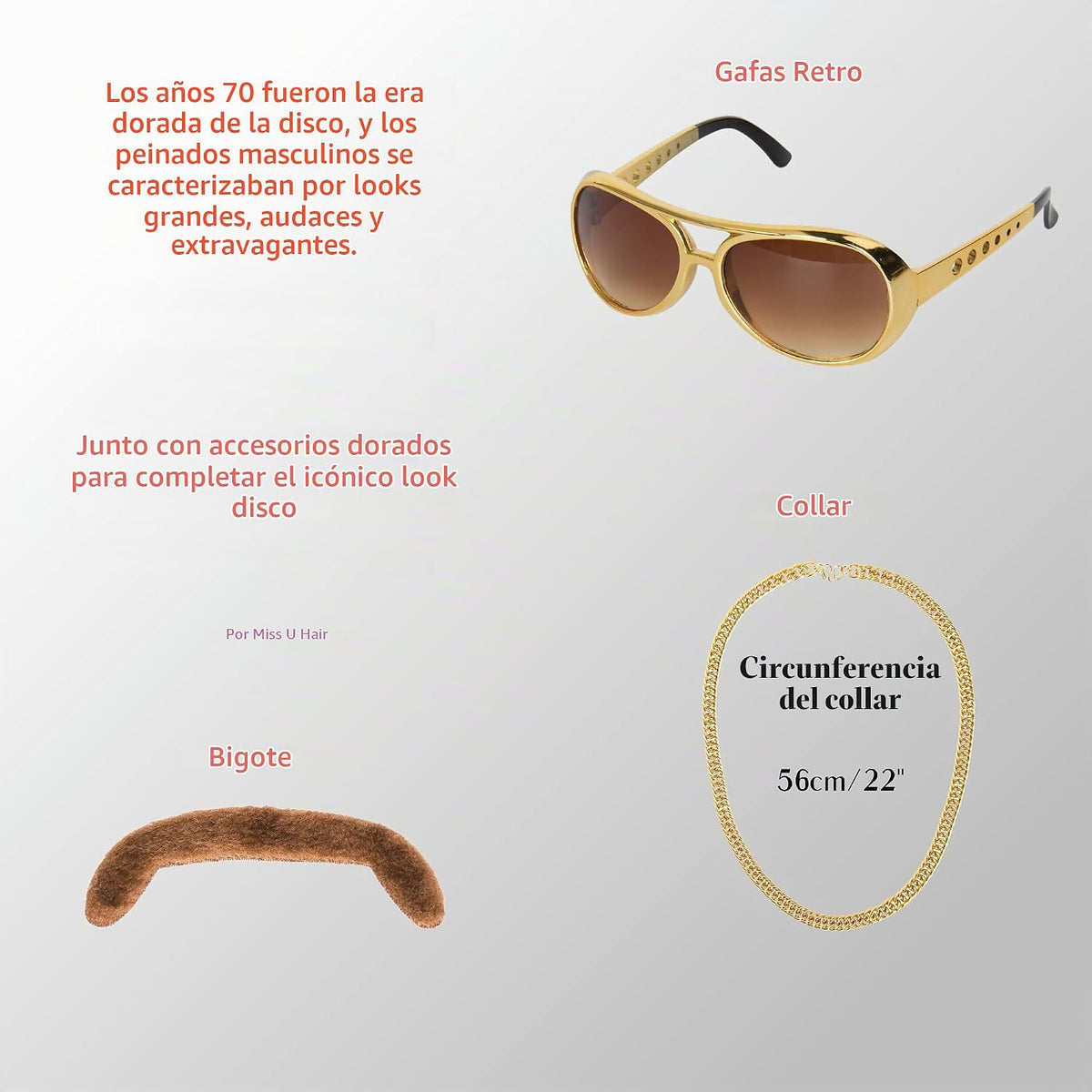 Miss U Hair - Peluca de discoteca marrón de los años 70 con gafas,...