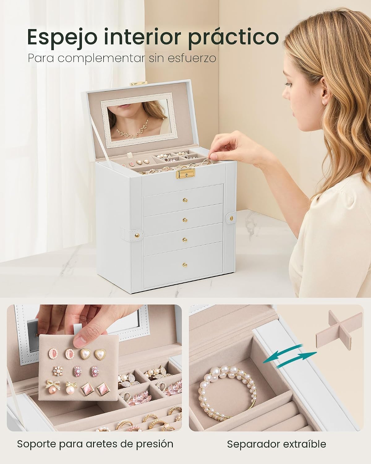 SONGMICS Organizador de joyero, 5 capas con 4 cajones, color blanco...