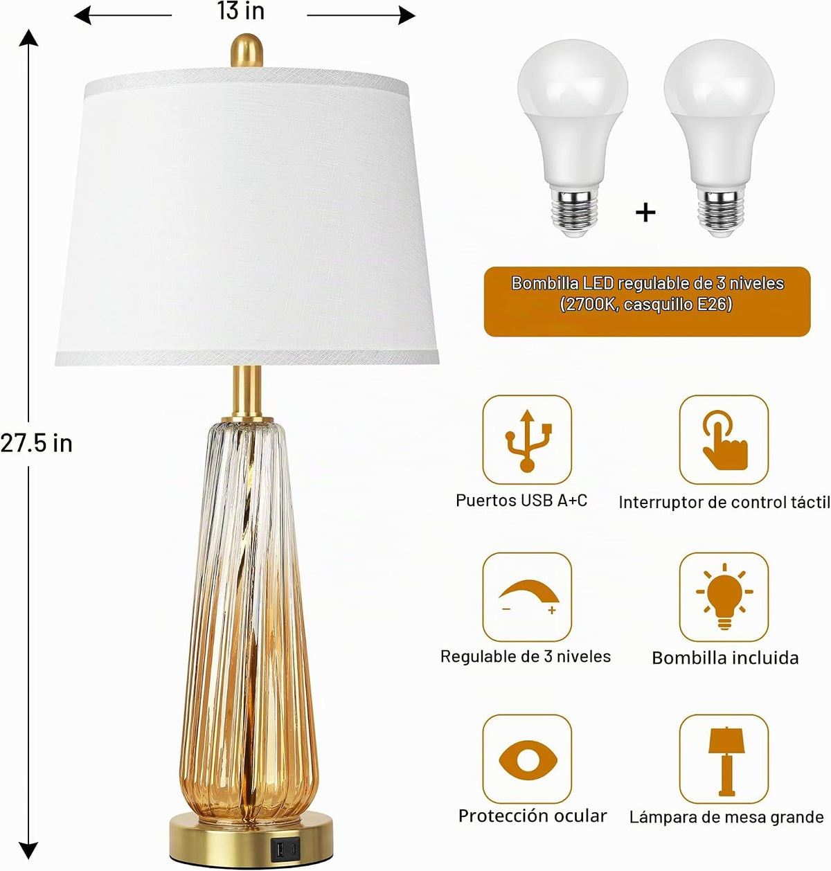 Juego de 2 lámparas de mesa de cristal, modernas lámparas de noche...
