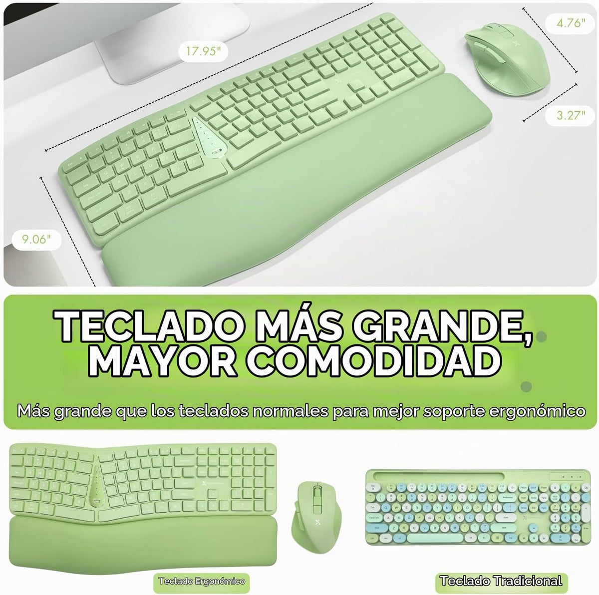 X9 Green Ergonómico Teclado Ratón Combo Inalámbrico - Escribe Cómod...