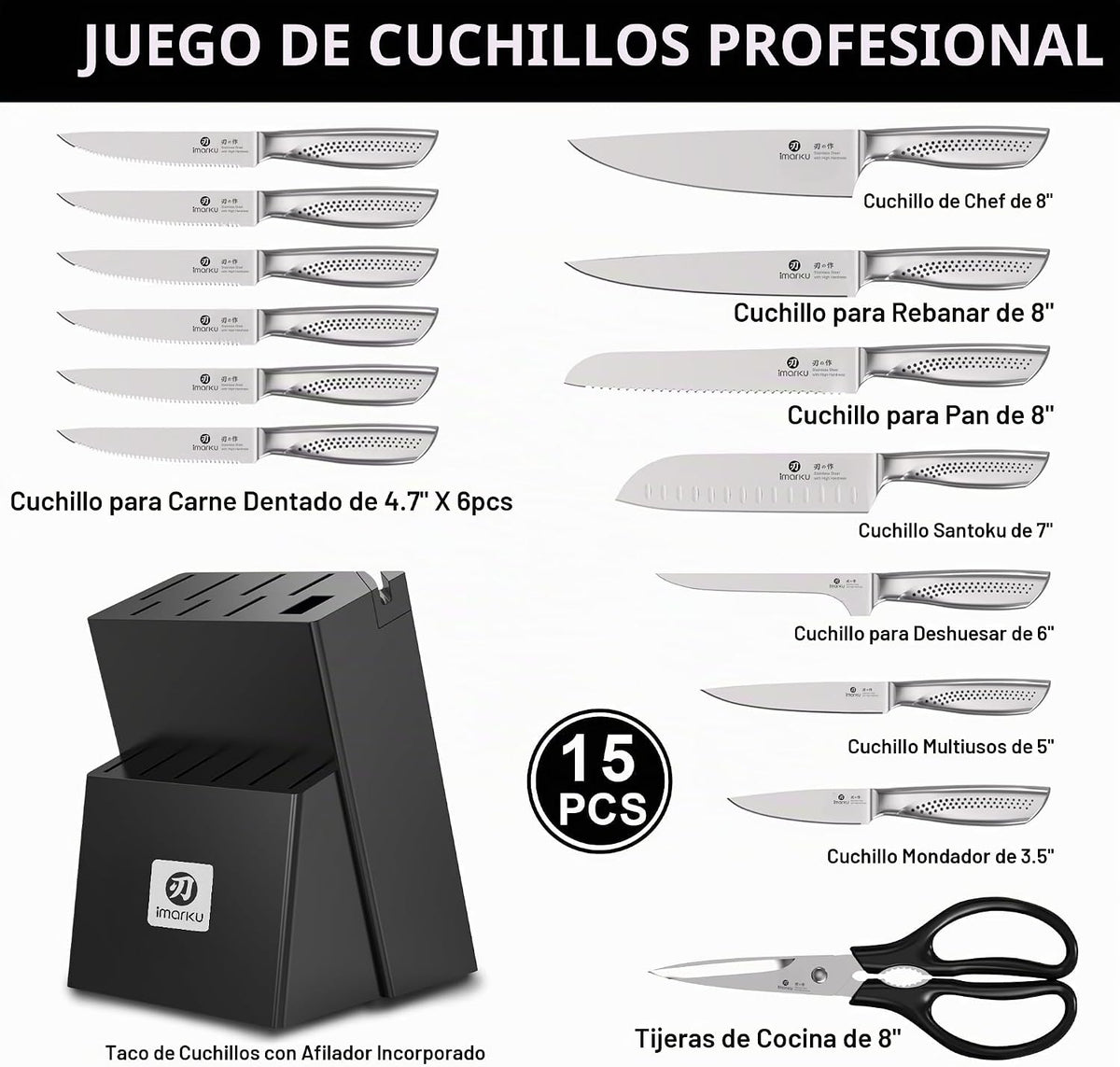 imarku® Juego de cuchillos de cocina, 15 piezas, juego de cuchillos...