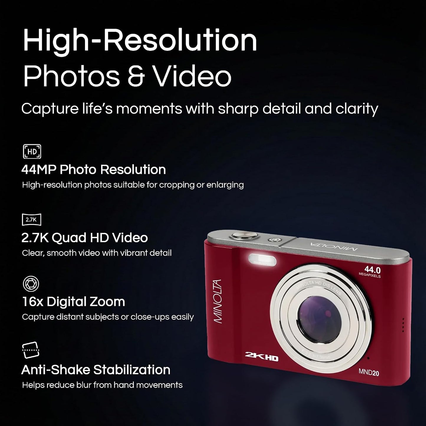 Minolta Cámara digital MND20 de 44 MP - Video Ultra HD de 2.7K, zoo...